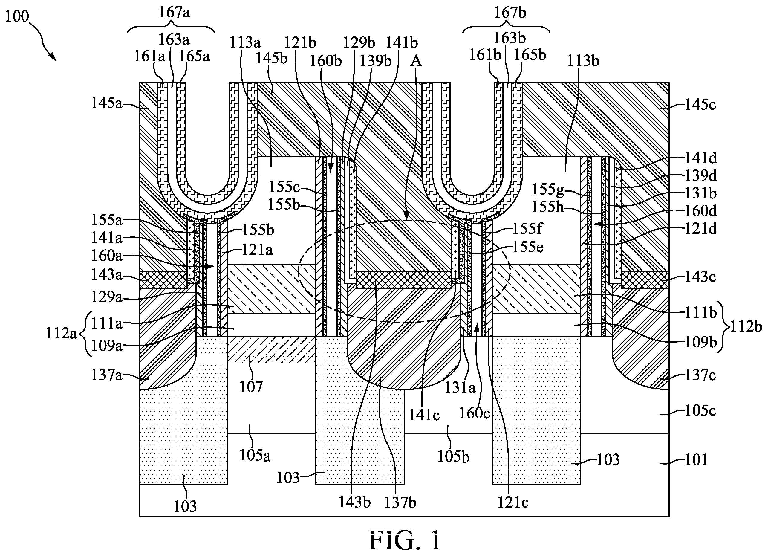 Patent US12610534 Figure 1 – Memory device with air gap and method for preparing the same