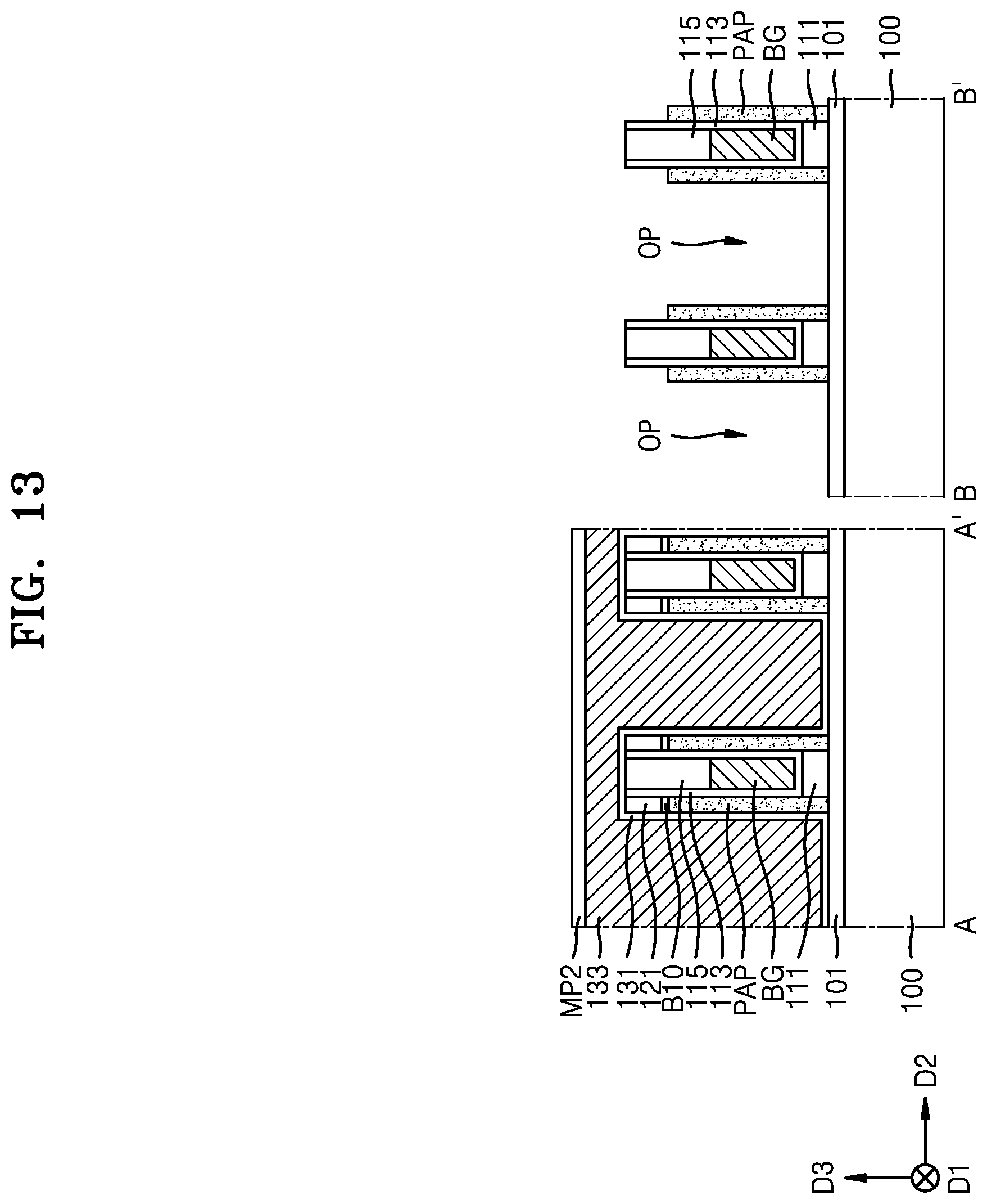 Patent US12610561 Figure 13 – Method for fabricating a semiconductor device having back gate electrodes, active layers, and data lines