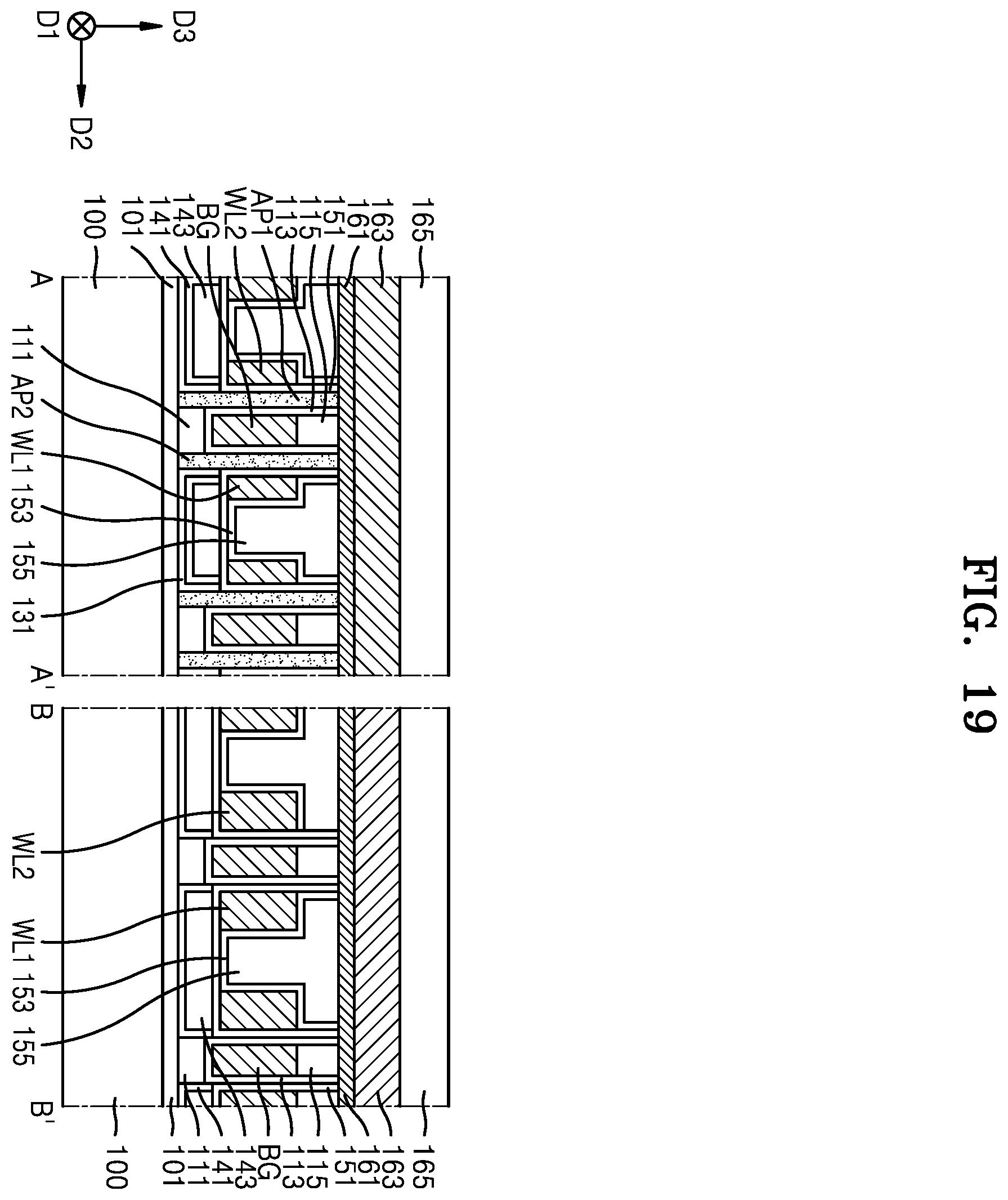 Patent US12610561 Figure 19 – Method for fabricating a semiconductor device having back gate electrodes, active layers, and data lines
