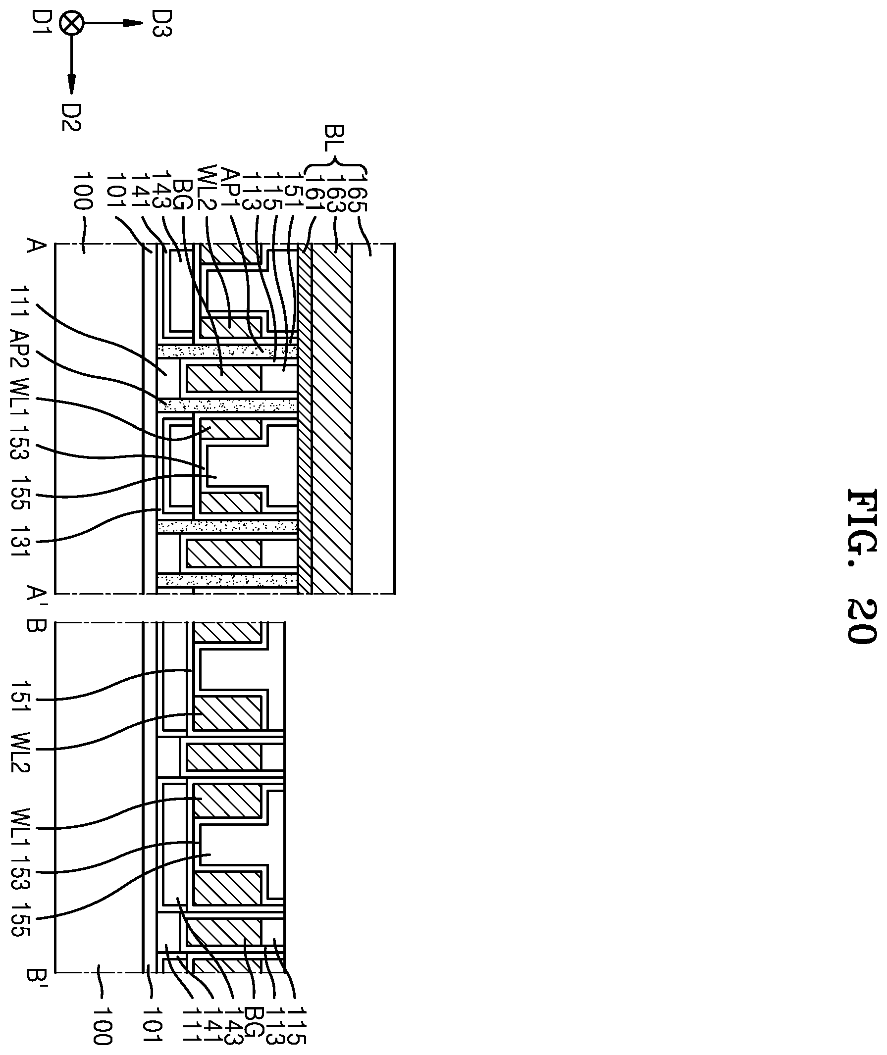 Patent US12610561 Figure 20 – Method for fabricating a semiconductor device having back gate electrodes, active layers, and data lines