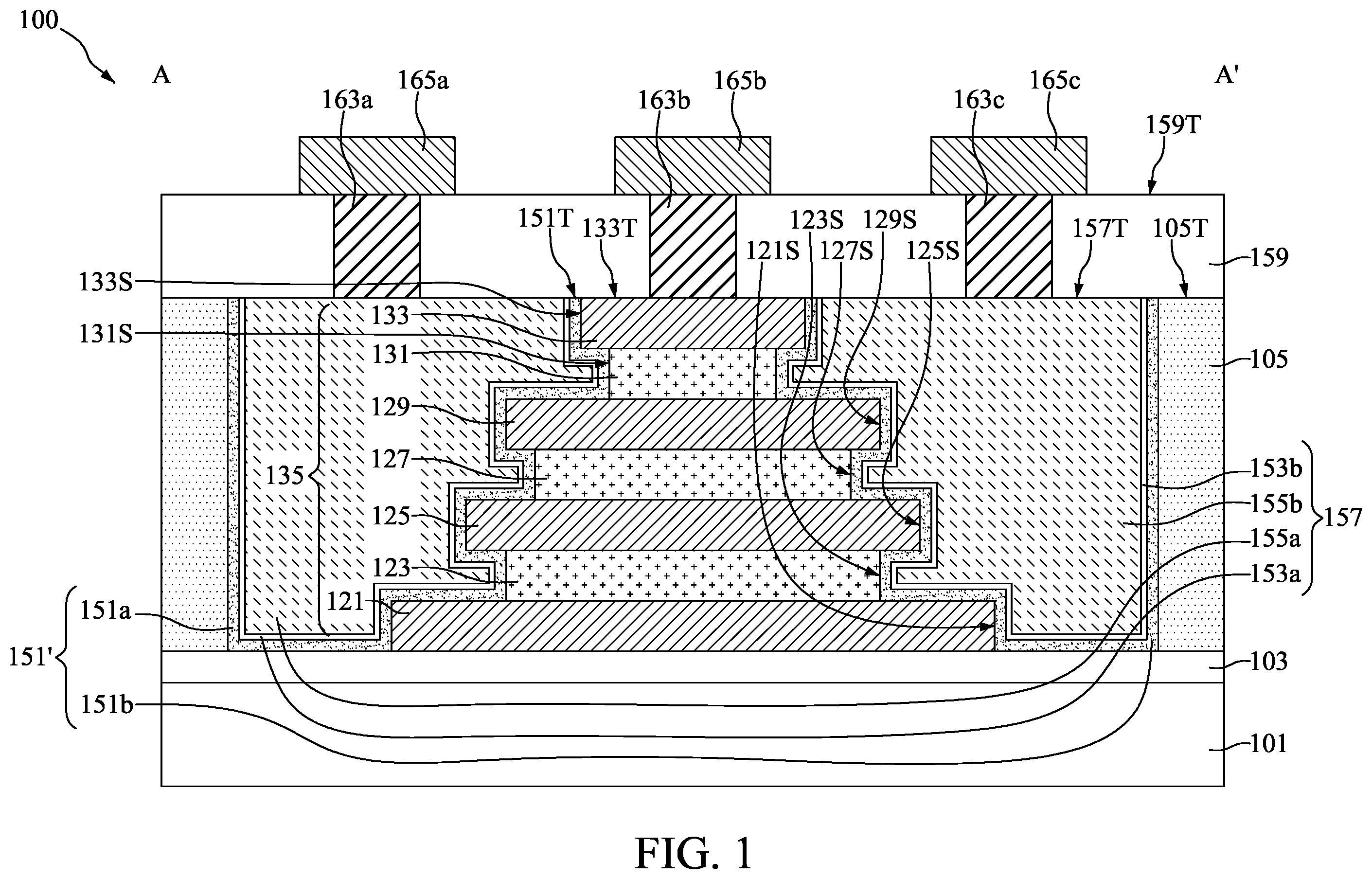 Patent US12610568 Figure 1 – Semiconductor device with electrode having step-shaped sidewall and method for preparing the same