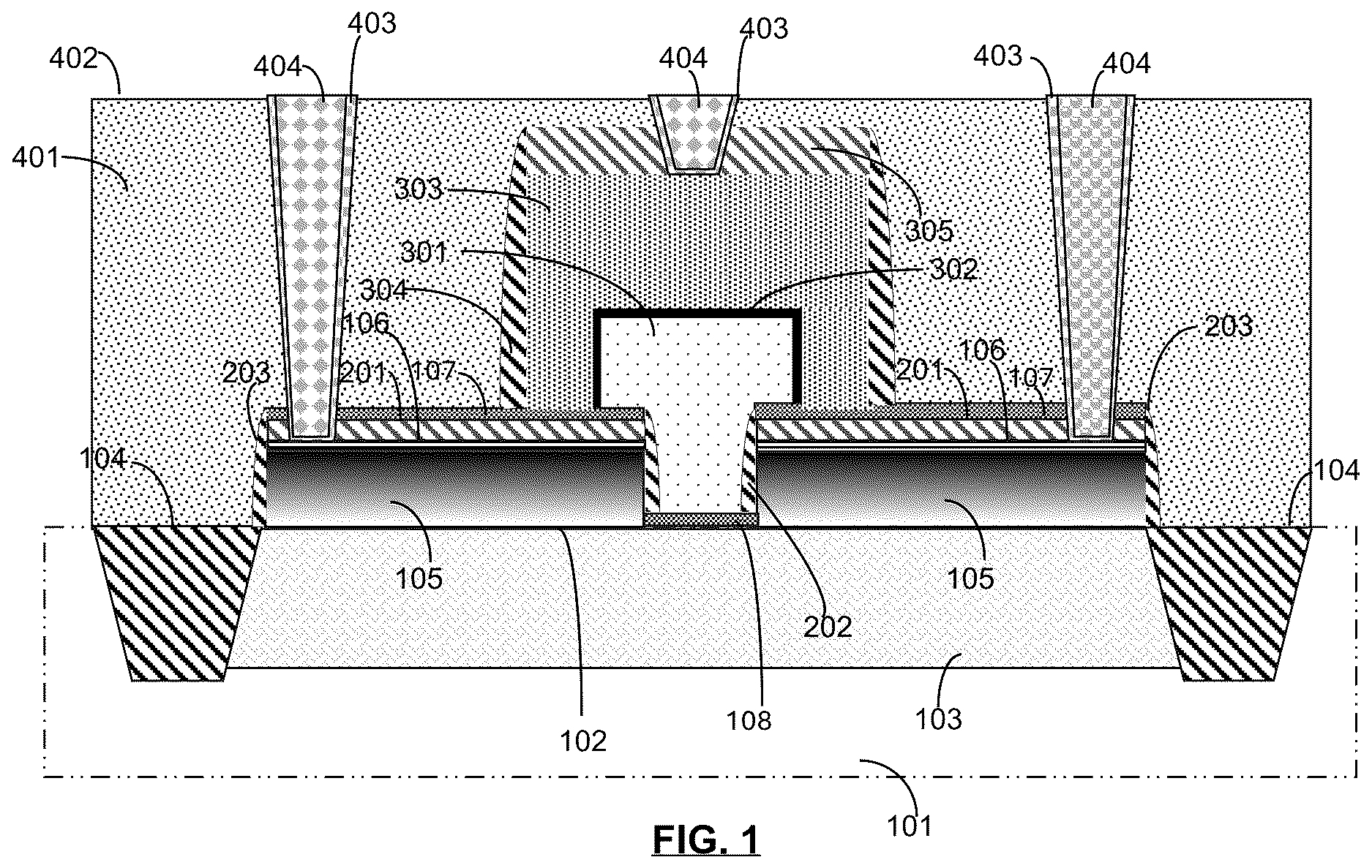 Patent US12610589 — FCNVM-ALEFD (fully covered non-volatile memory (NVM) over advanced low electrostatic field transistor (ALEFD) — Figure 1