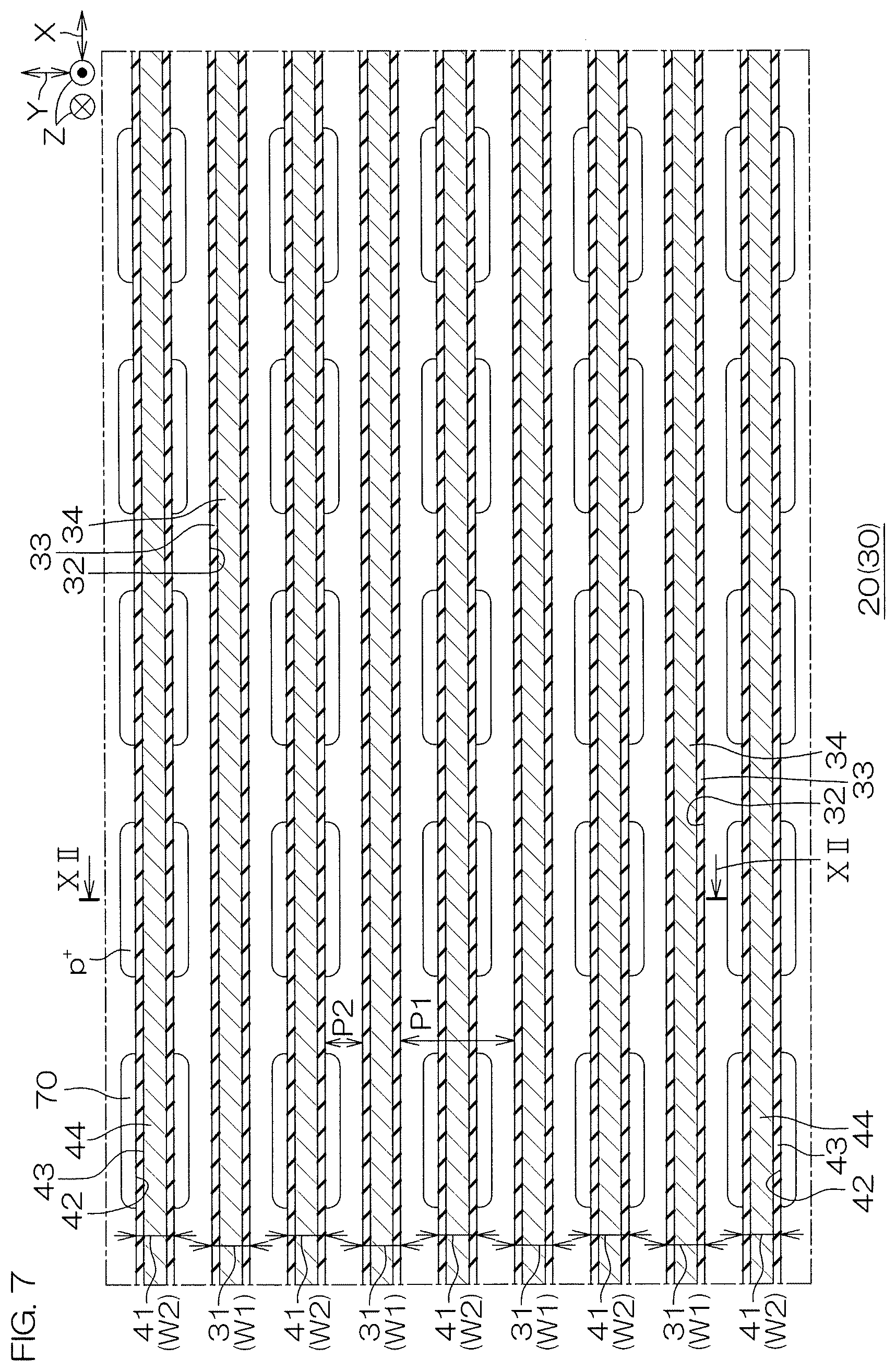 Patent US12610597 Figure 7 – SiC semiconductor device with mesa trench structure and sidewall wiring