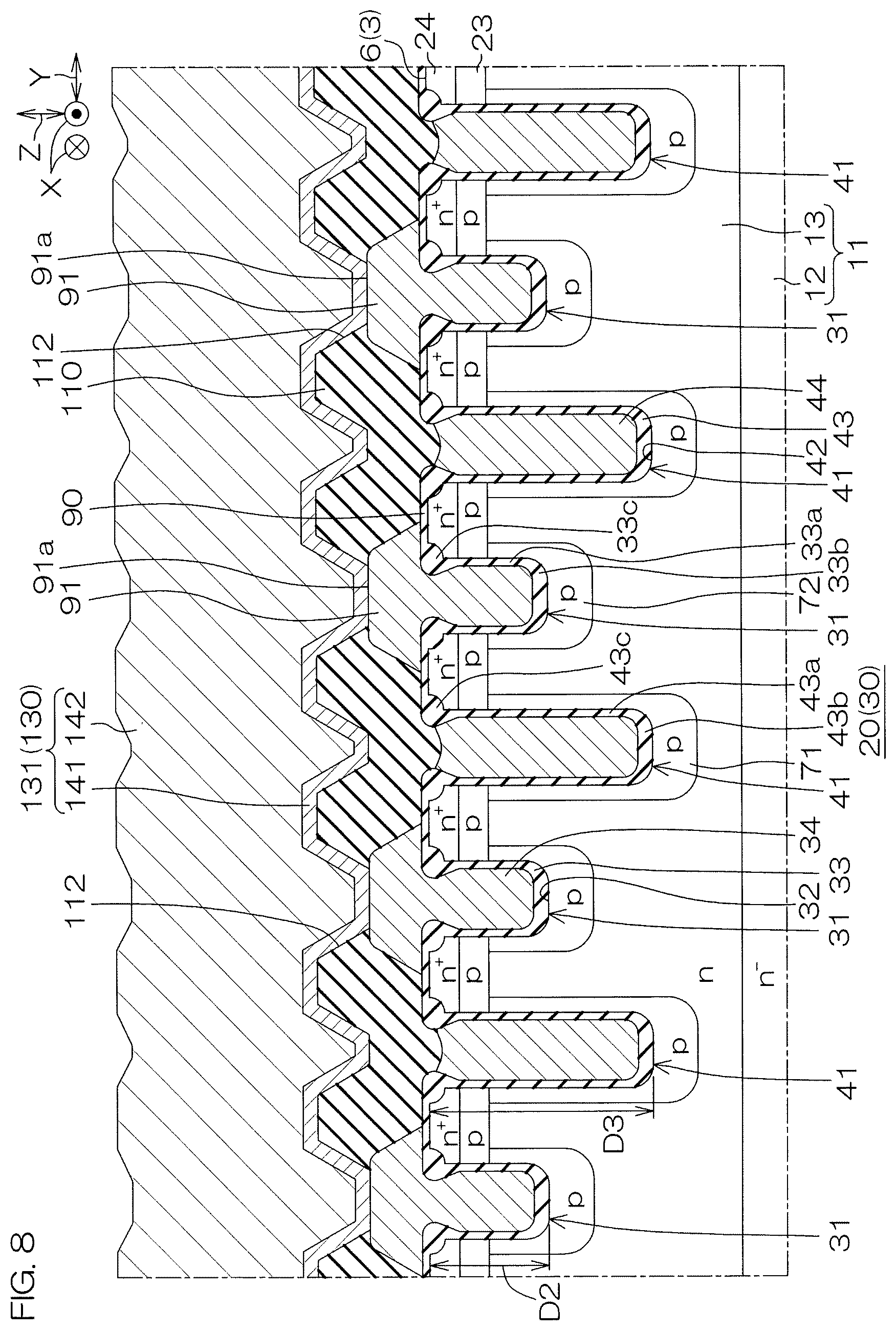 Patent US12610597 Figure 8 – SiC semiconductor device with mesa trench structure and sidewall wiring