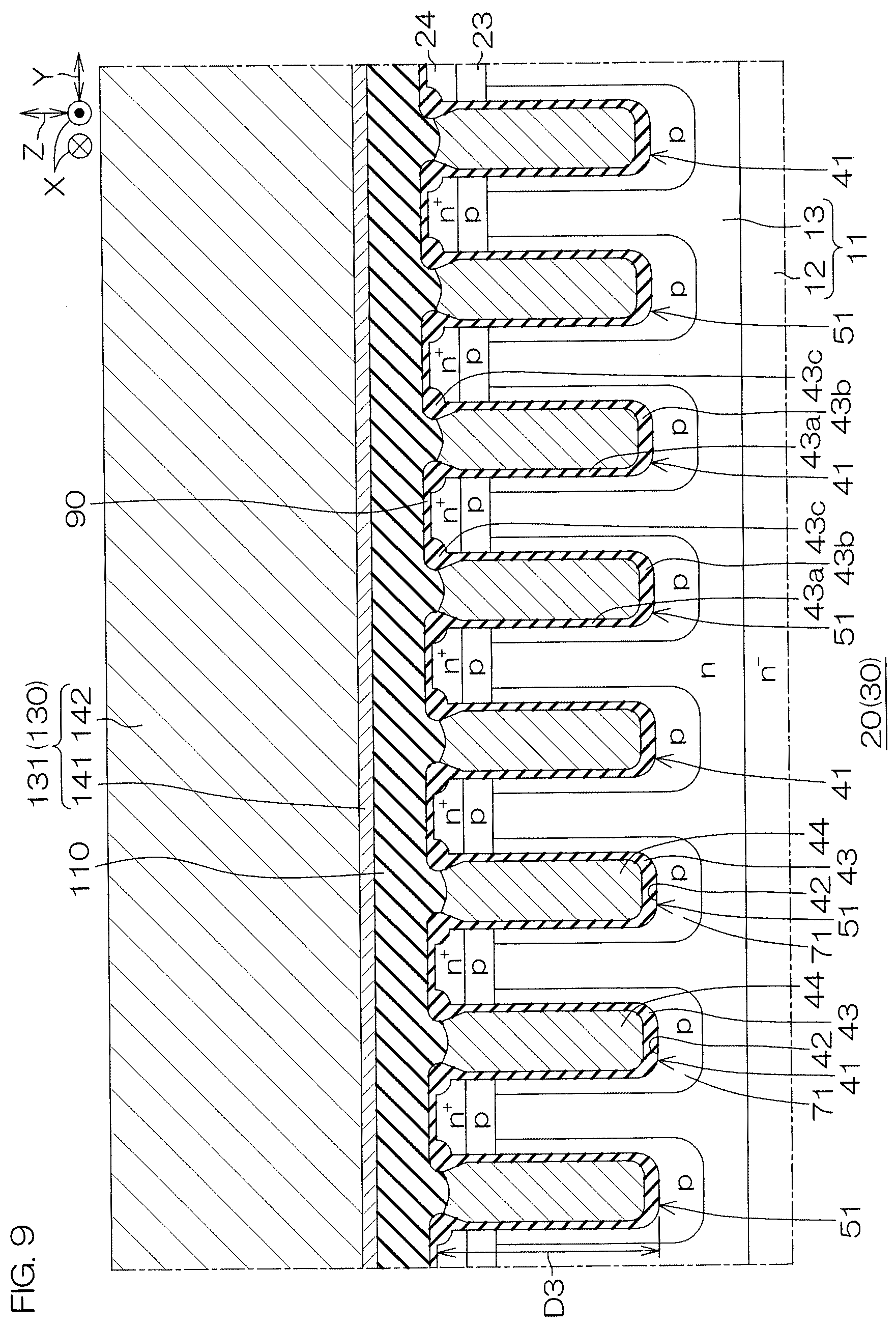Patent US12610597 Figure 9 – SiC semiconductor device with mesa trench structure and sidewall wiring