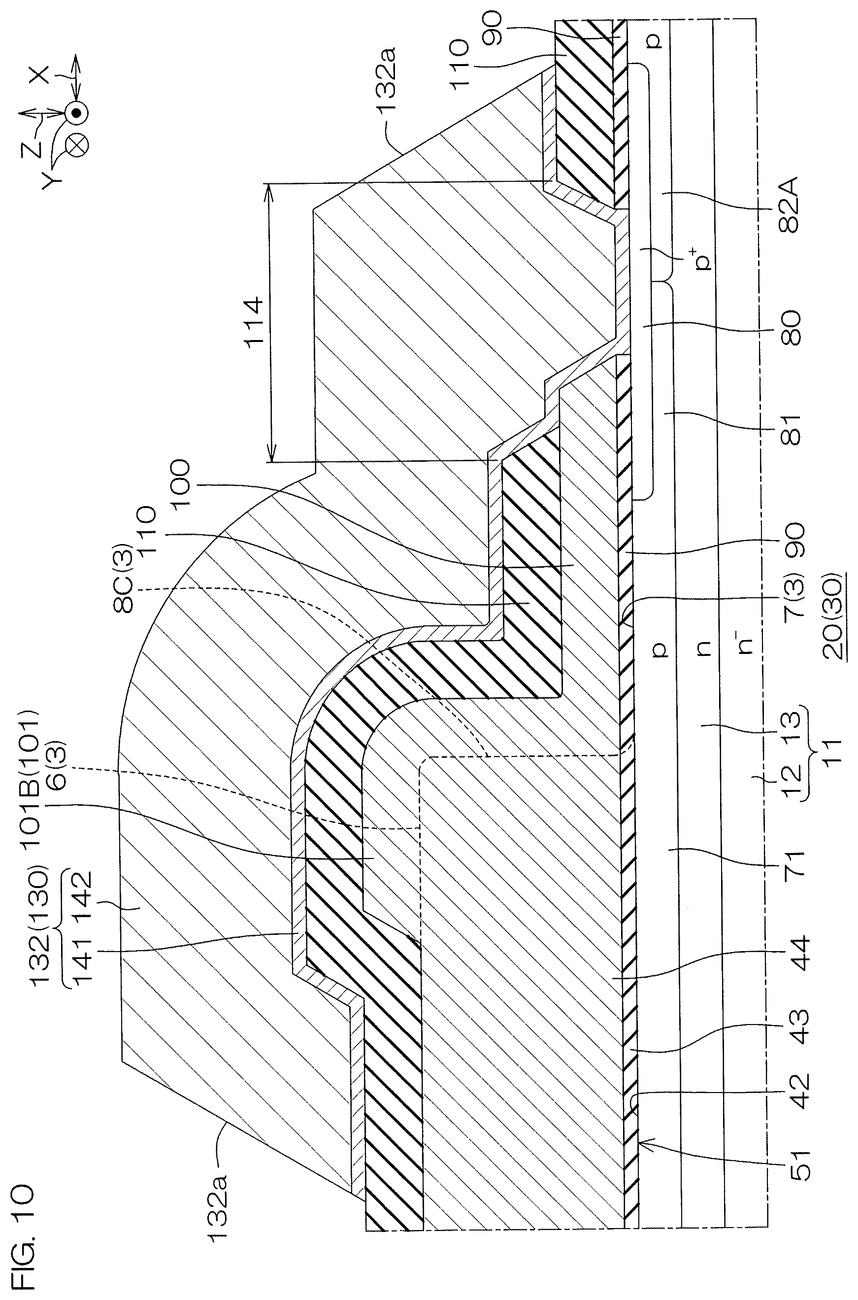 Patent US12610597 Figure 10 – SiC semiconductor device with mesa trench structure and sidewall wiring