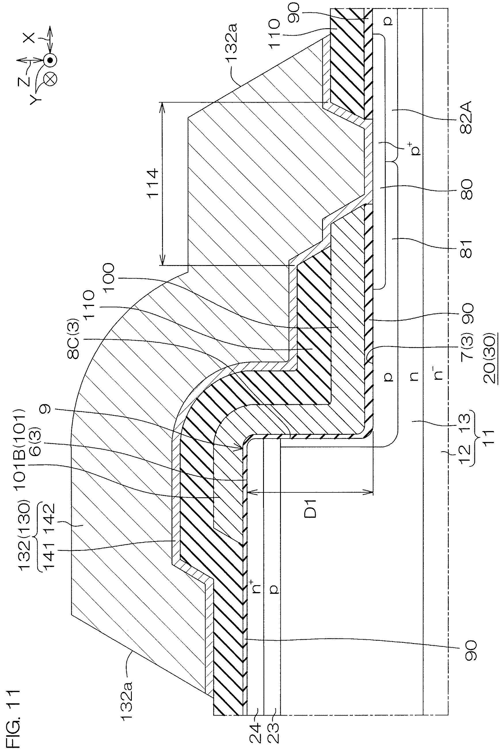 Patent US12610597 Figure 11 – SiC semiconductor device with mesa trench structure and sidewall wiring