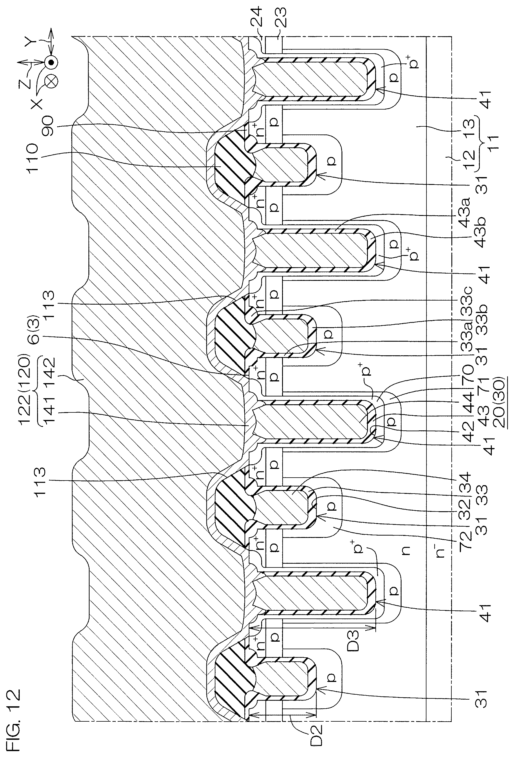 Patent US12610597 Figure 12 – SiC semiconductor device with mesa trench structure and sidewall wiring