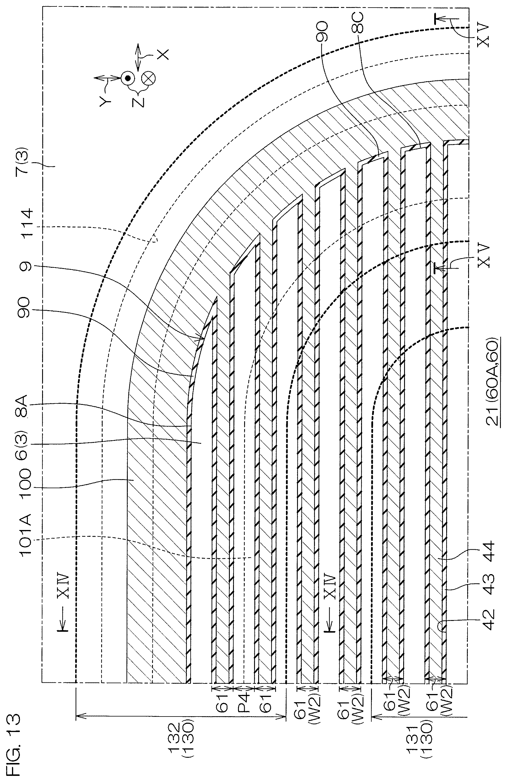 Patent US12610597 Figure 13 – SiC semiconductor device with mesa trench structure and sidewall wiring