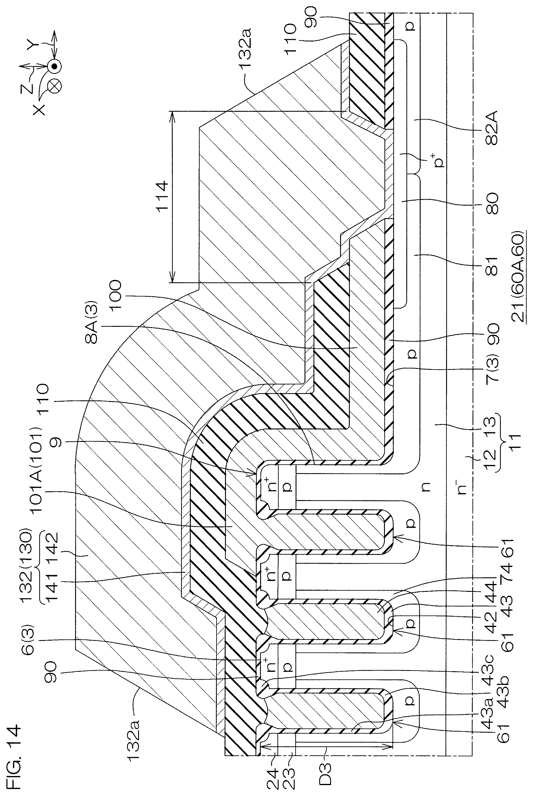 Patent US12610597 Figure 14 – SiC semiconductor device with mesa trench structure and sidewall wiring