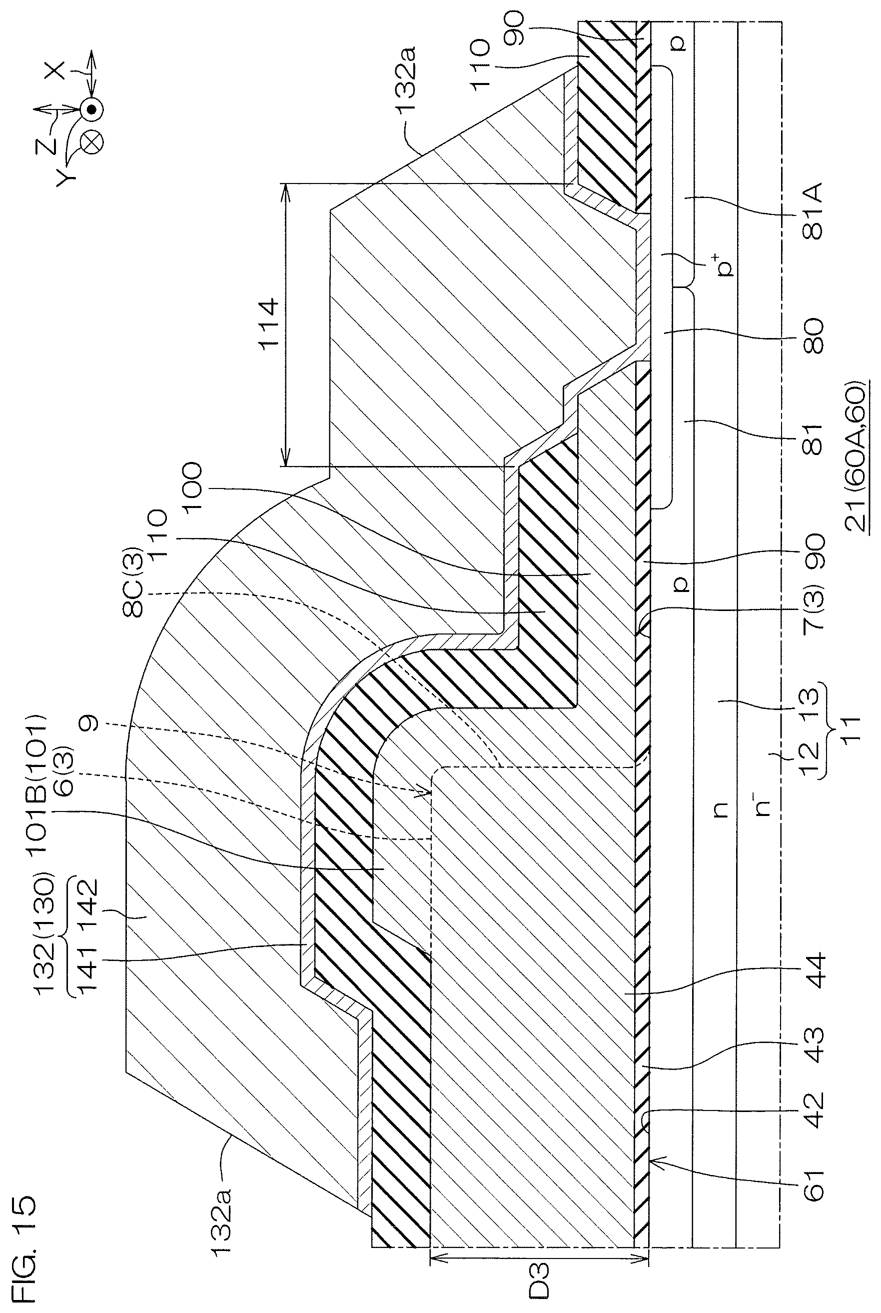 Patent US12610597 Figure 15 – SiC semiconductor device with mesa trench structure and sidewall wiring