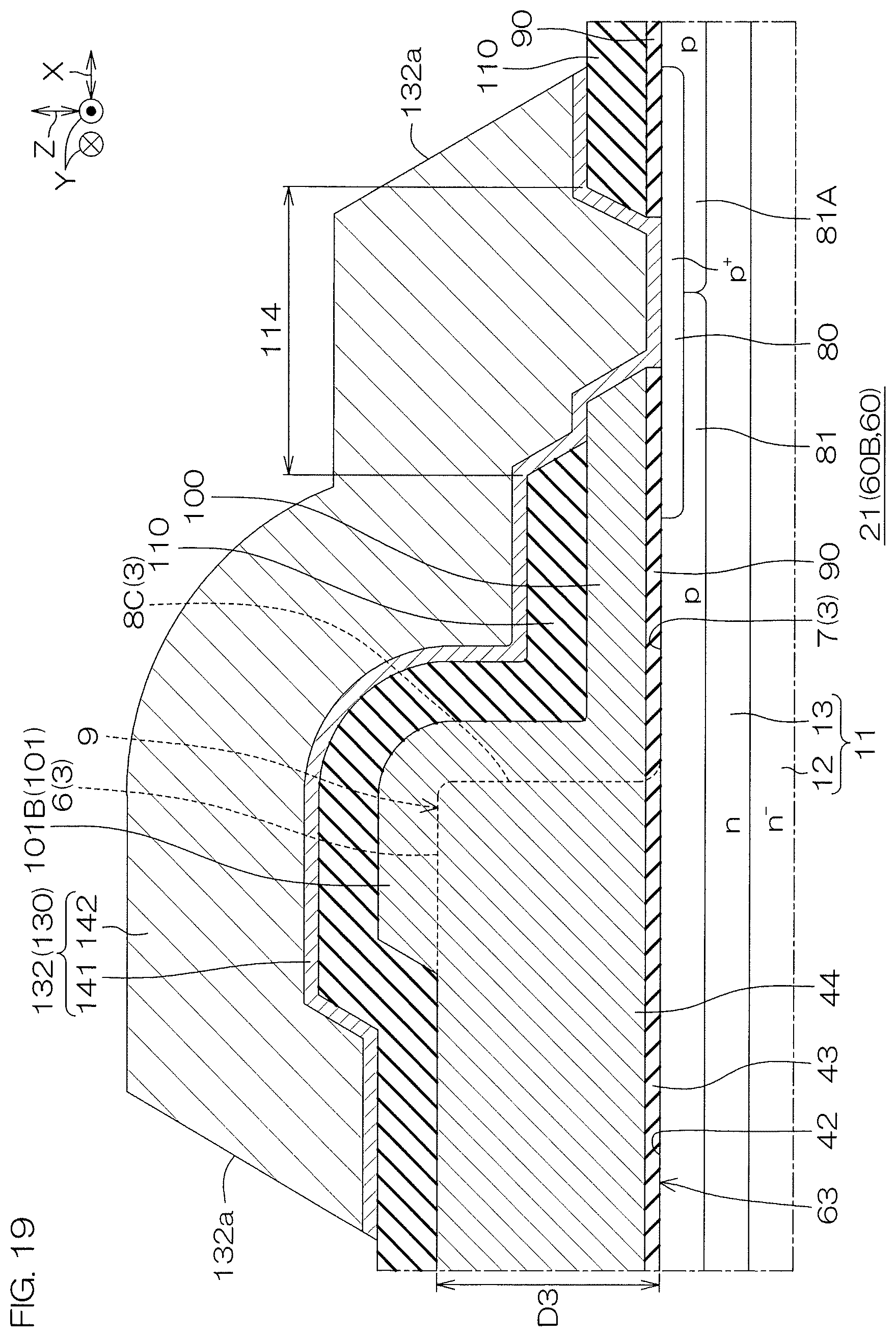 Patent US12610597 Figure 19 – SiC semiconductor device with mesa trench structure and sidewall wiring