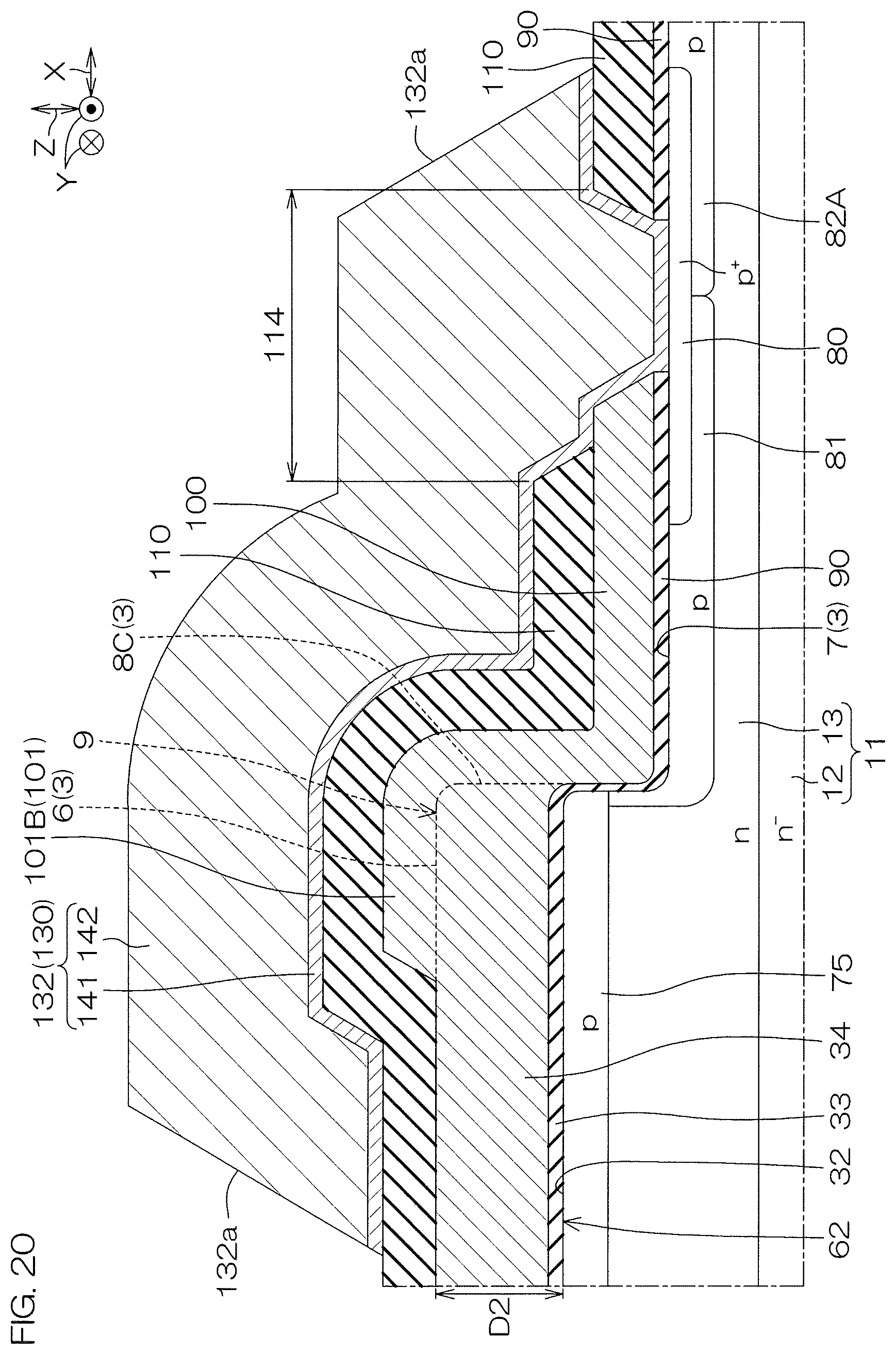 Patent US12610597 Figure 20 – SiC semiconductor device with mesa trench structure and sidewall wiring