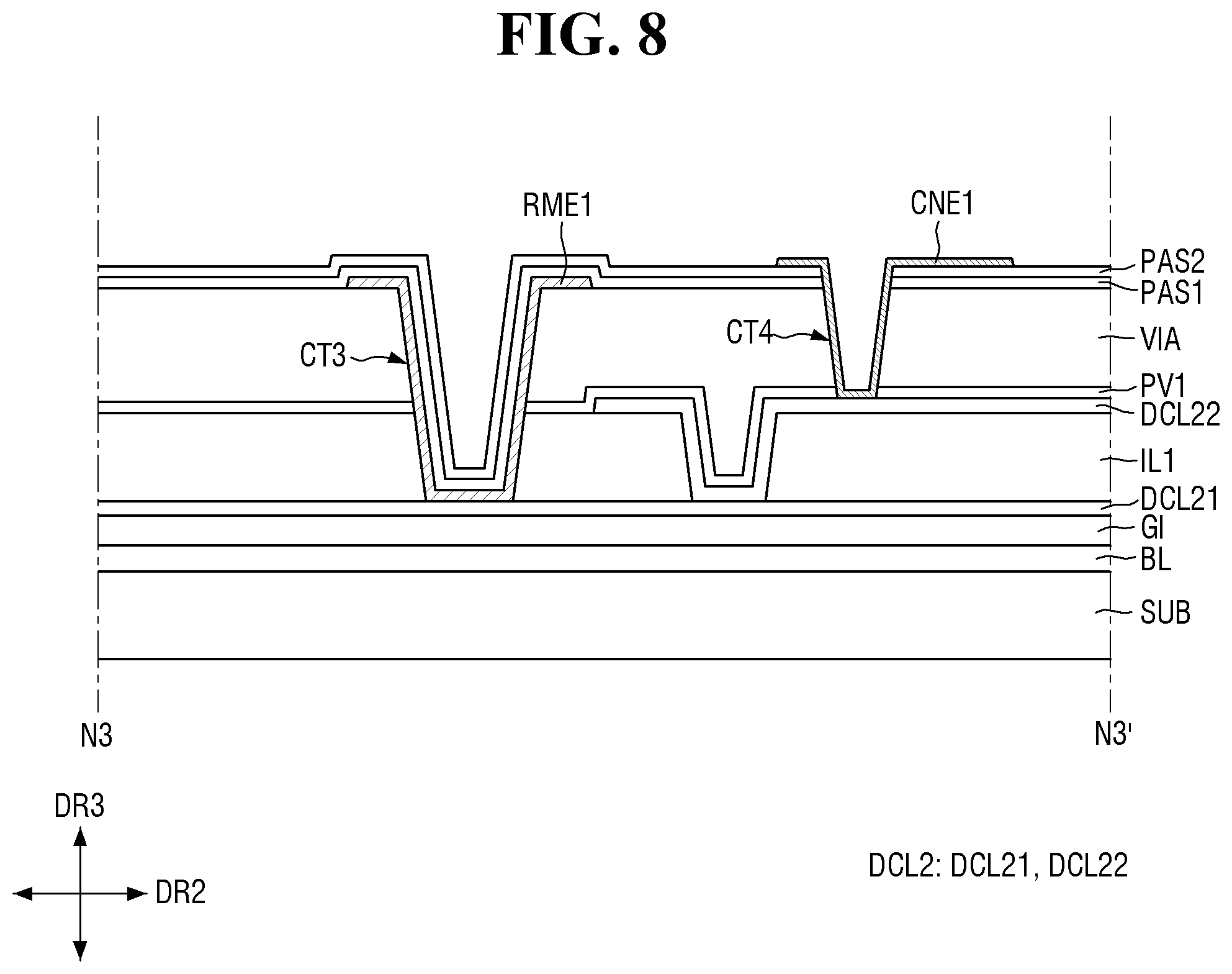 Patent US12610663 Figure 8 – Display device with improved connecting resistance between electrodes and method of manufacturing the same