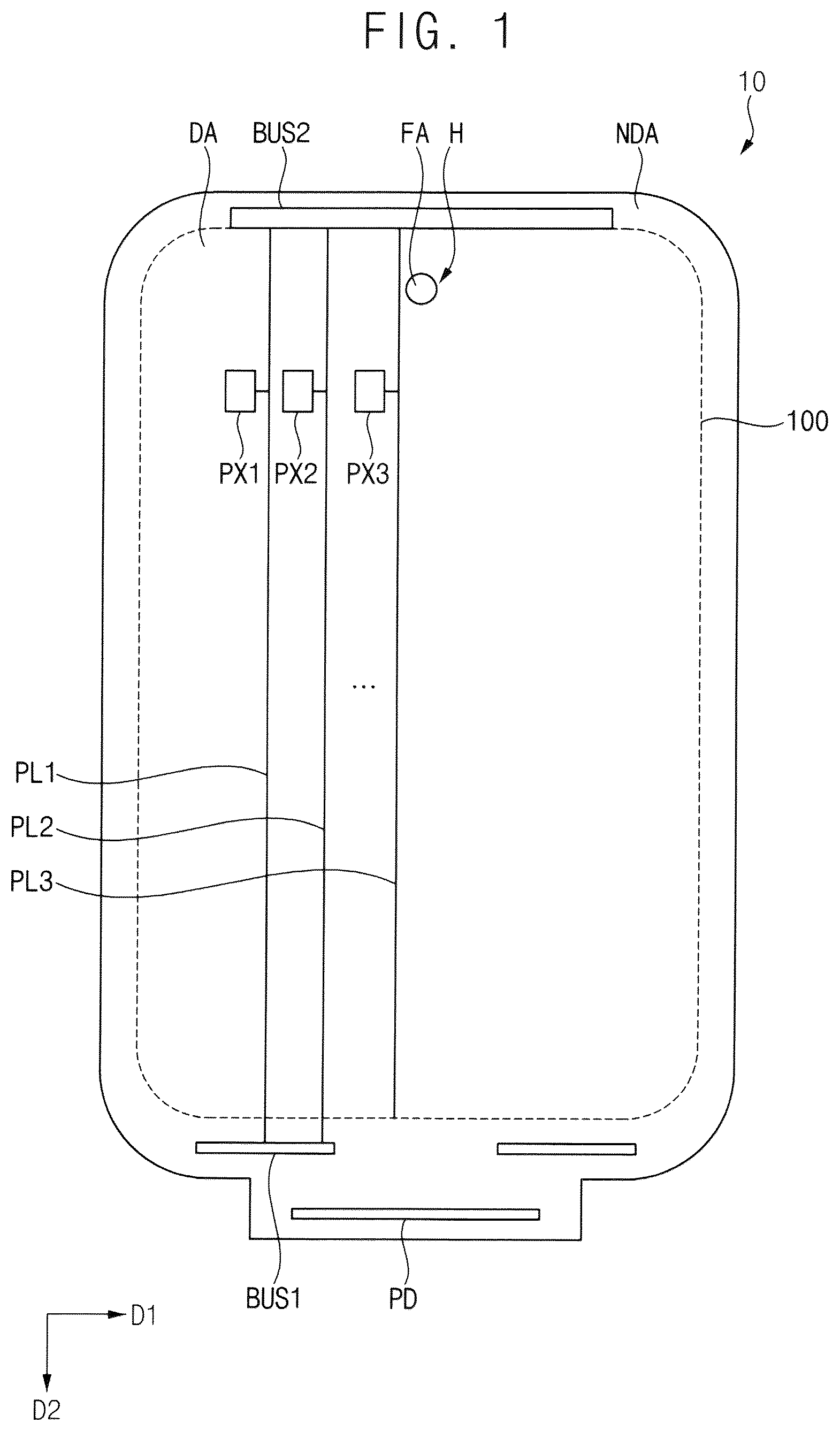 Patent US12610700 Figure 1 – Display device including lower pattern