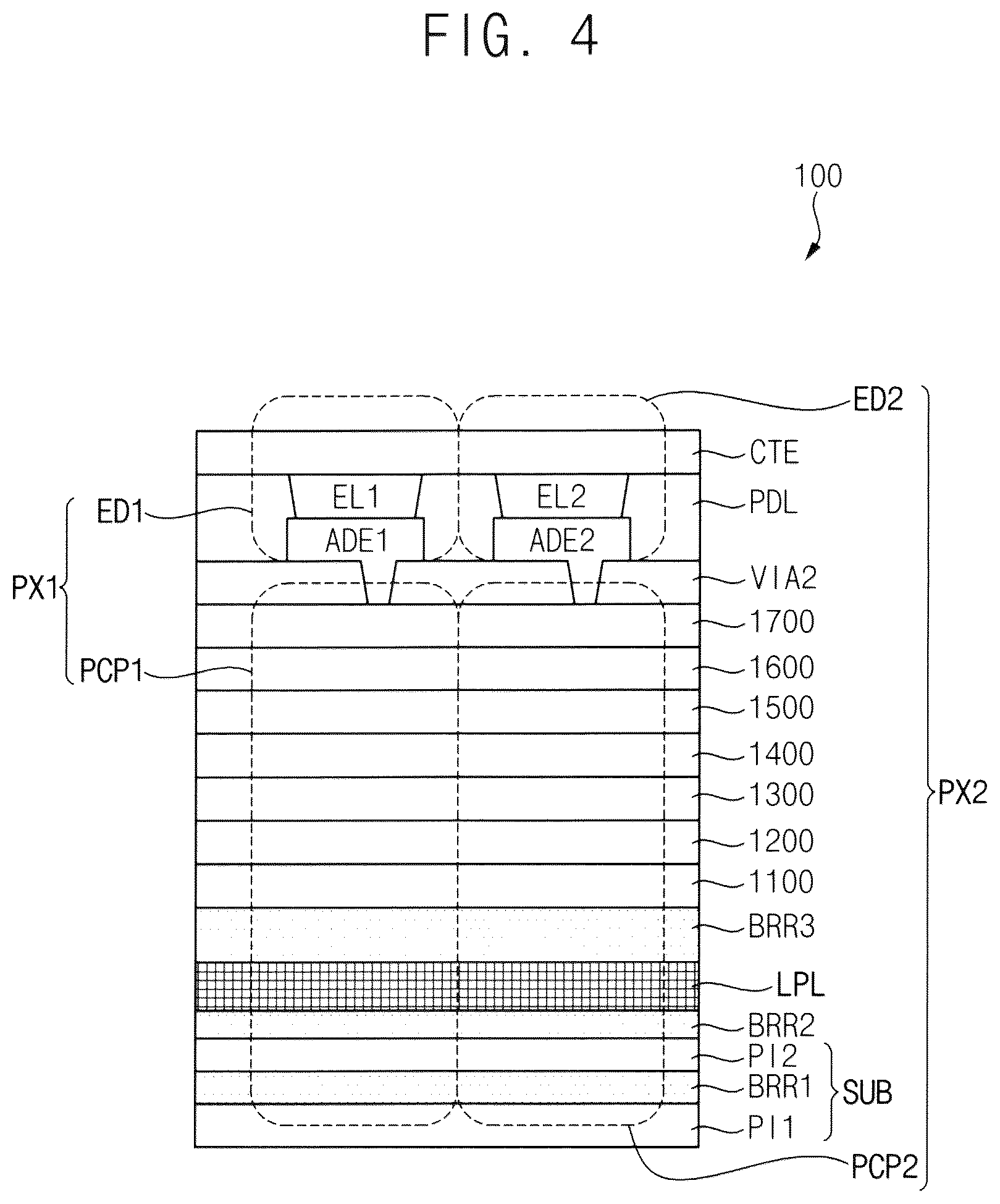 Patent US12610700 Figure 4 – Display device including lower pattern