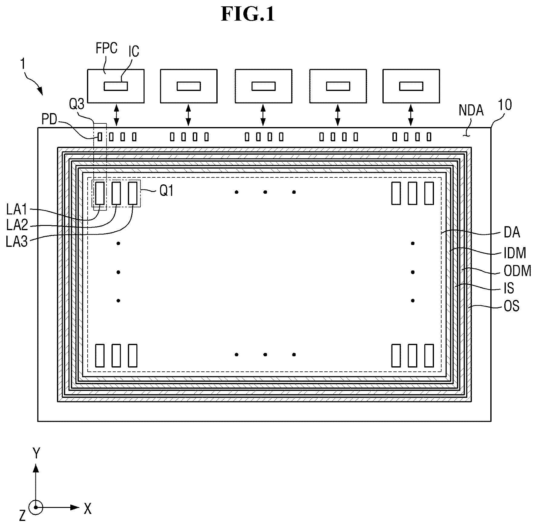 Patent US12610719 — Display device having encapsulation layer overlaying color filter and multiple dams — Figure 1
