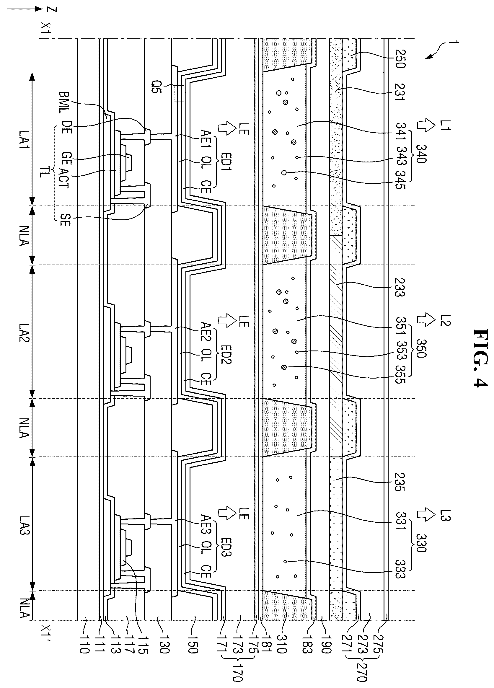 Patent US12610719 Figure 4 – Display device having encapsulation layer overlaying color filter and multiple dams