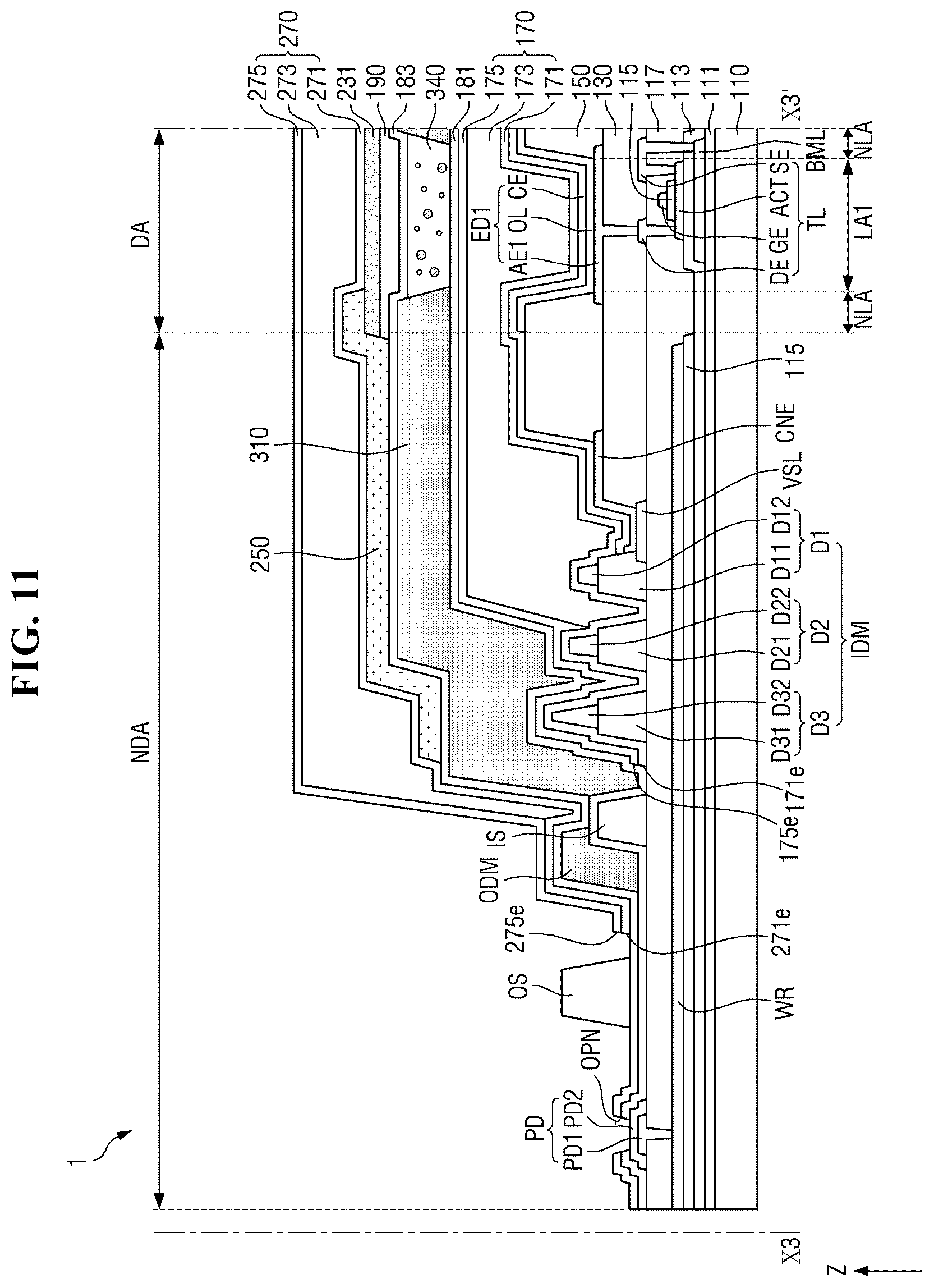 Patent US12610719 Figure 9 – Display device having encapsulation layer overlaying color filter and multiple dams