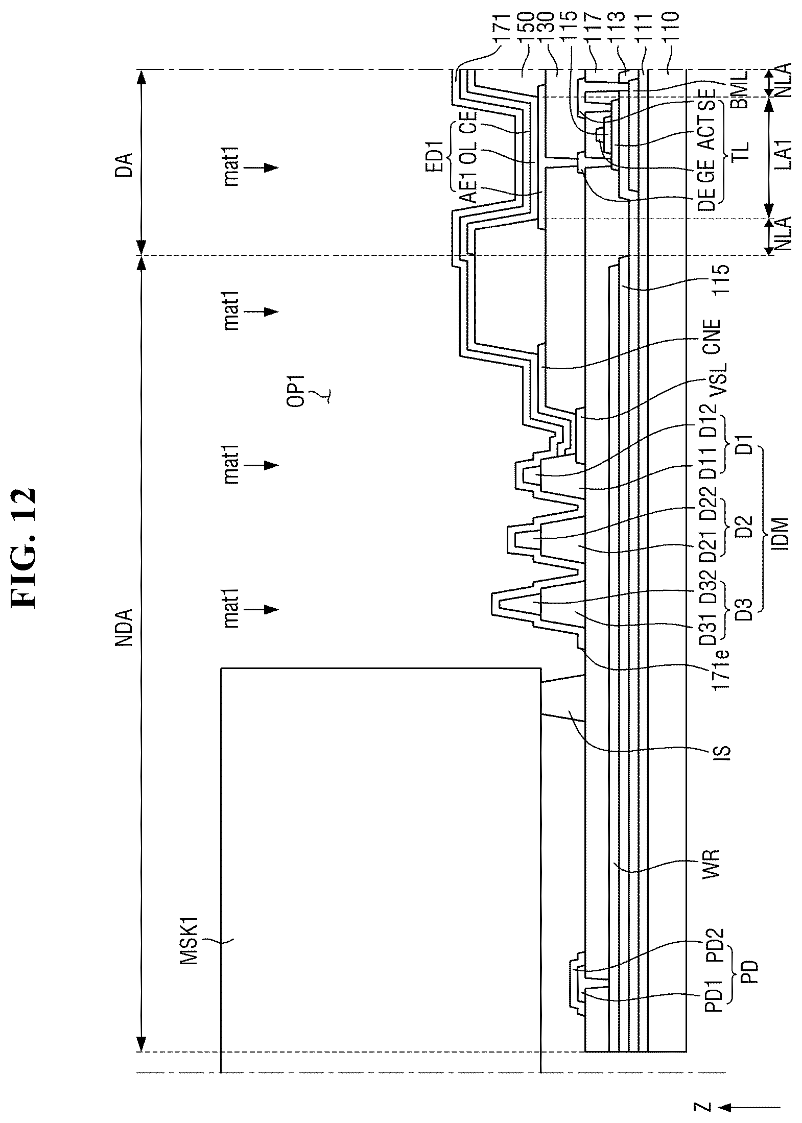 Patent US12610719 Figure 10 – Display device having encapsulation layer overlaying color filter and multiple dams