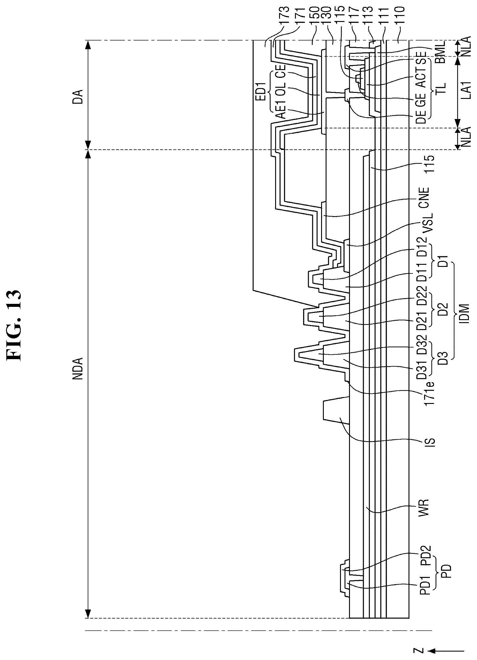 Patent US12610719 Figure 11 – Display device having encapsulation layer overlaying color filter and multiple dams