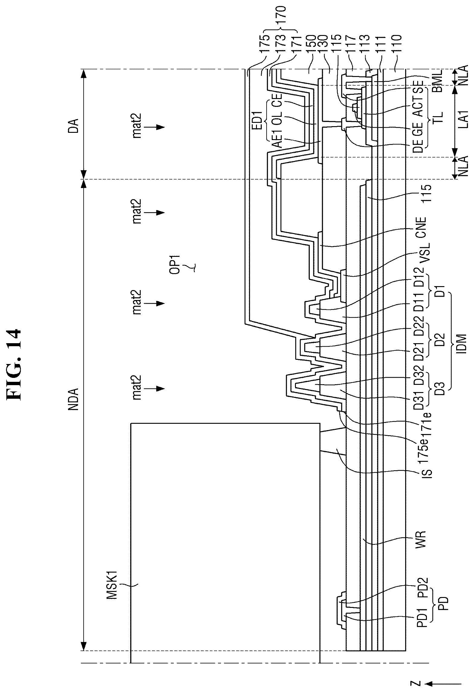 Patent US12610719 Figure 12 – Display device having encapsulation layer overlaying color filter and multiple dams