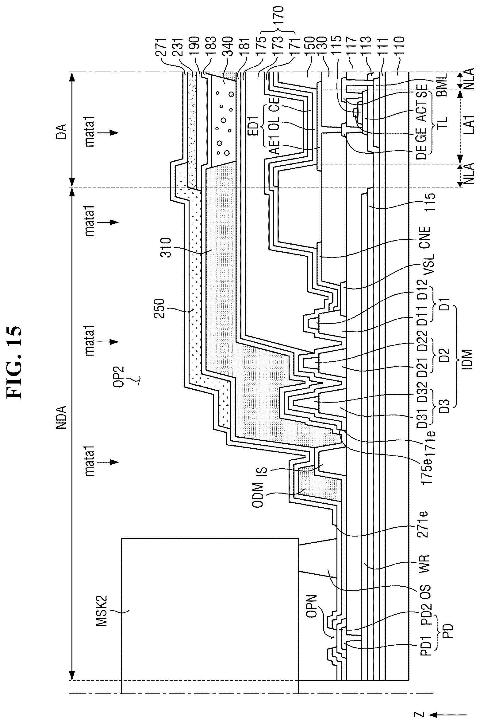 Patent US12610719 Figure 13 – Display device having encapsulation layer overlaying color filter and multiple dams