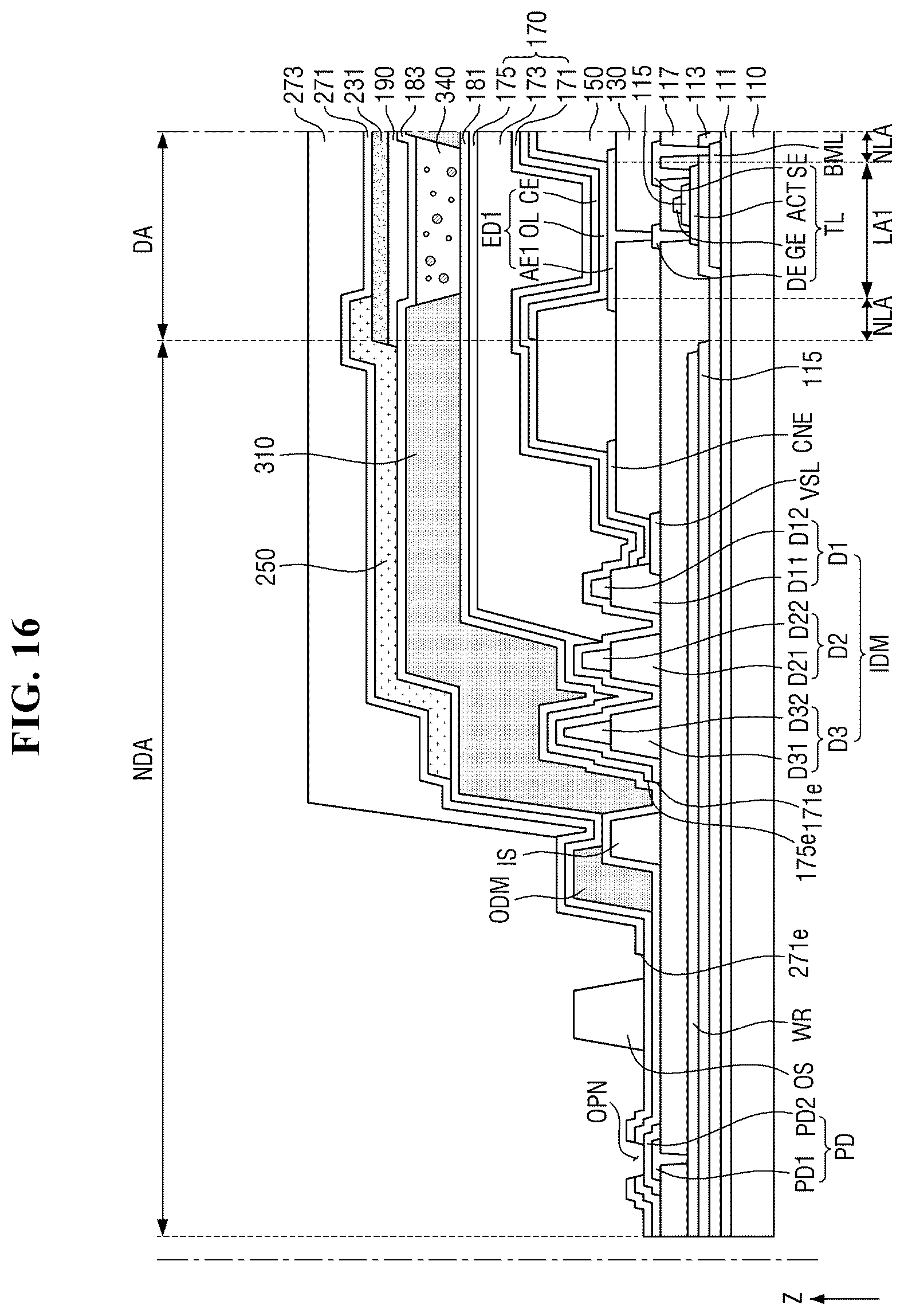 Patent US12610719 Figure 14 – Display device having encapsulation layer overlaying color filter and multiple dams