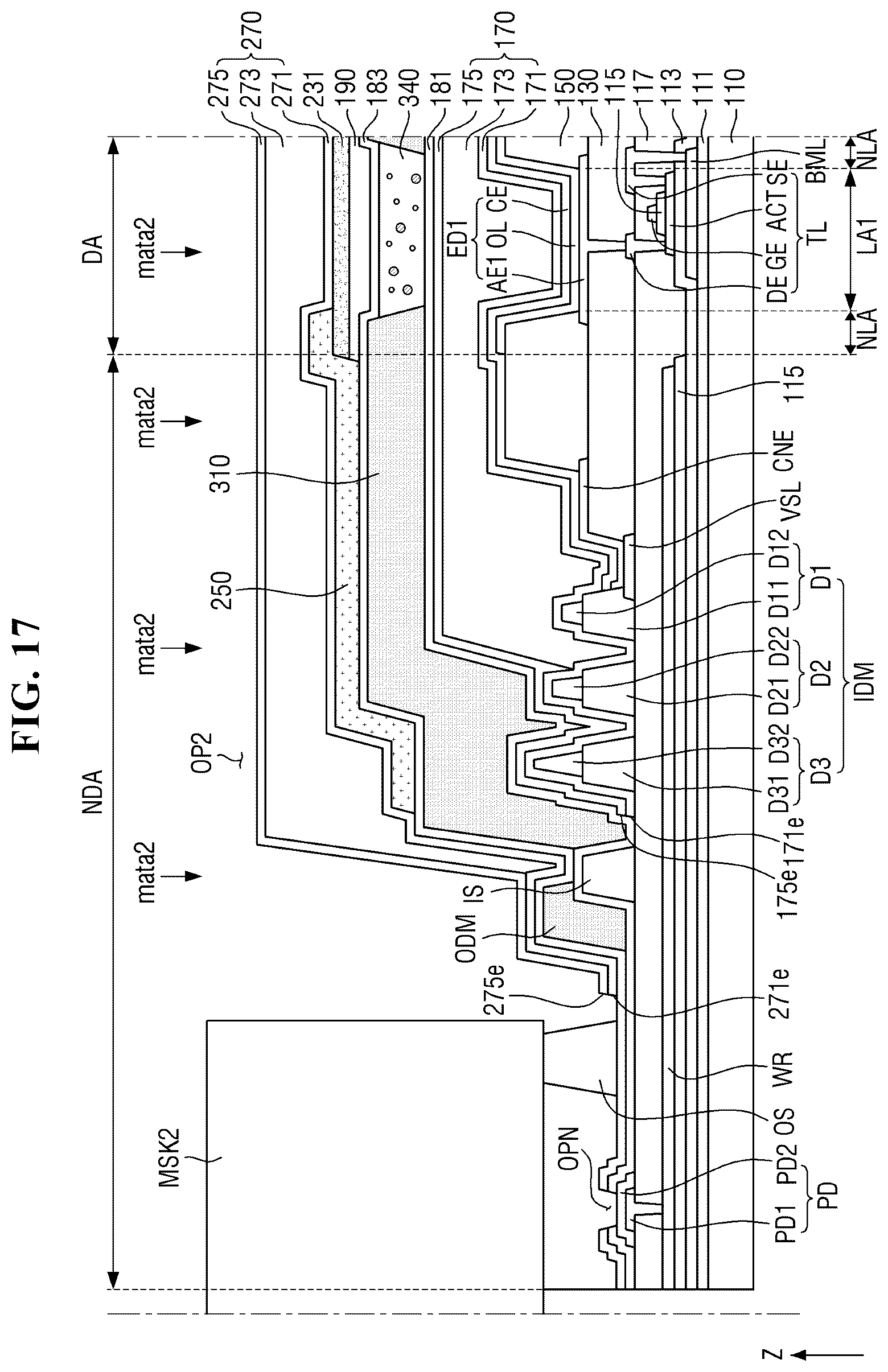 Patent US12610719 Figure 15 – Display device having encapsulation layer overlaying color filter and multiple dams