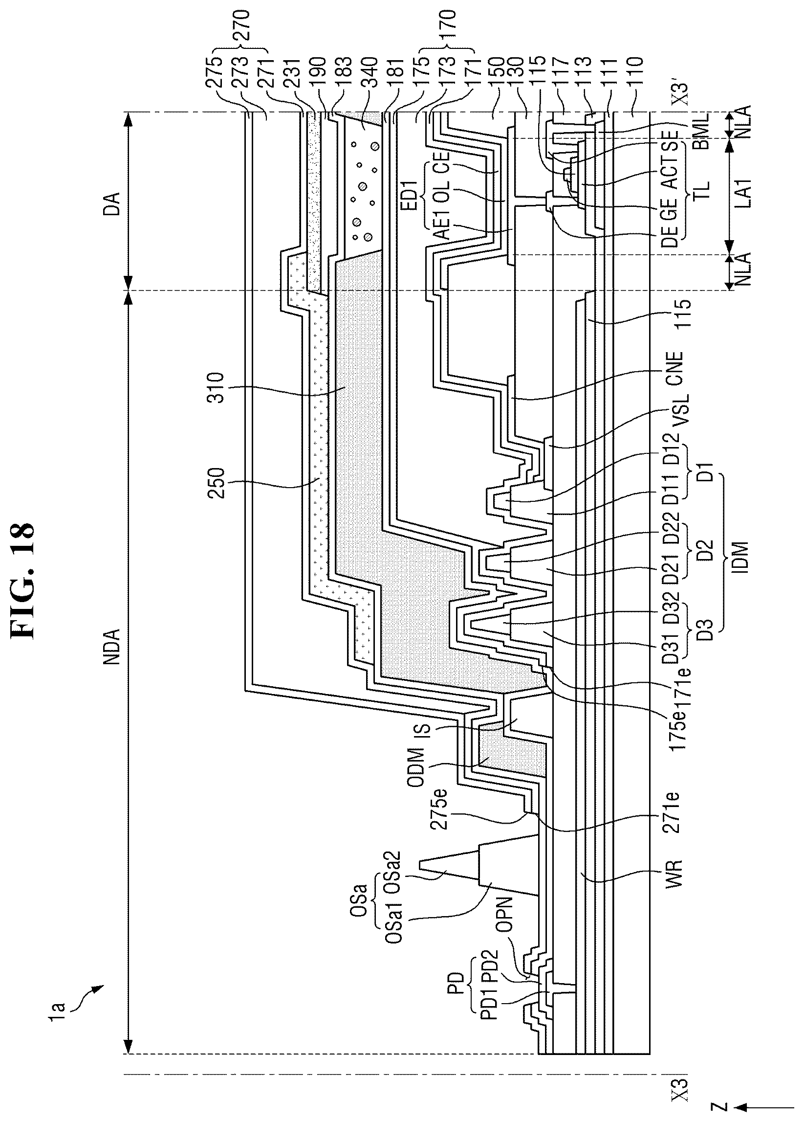Patent US12610719 Figure 16 – Display device having encapsulation layer overlaying color filter and multiple dams
