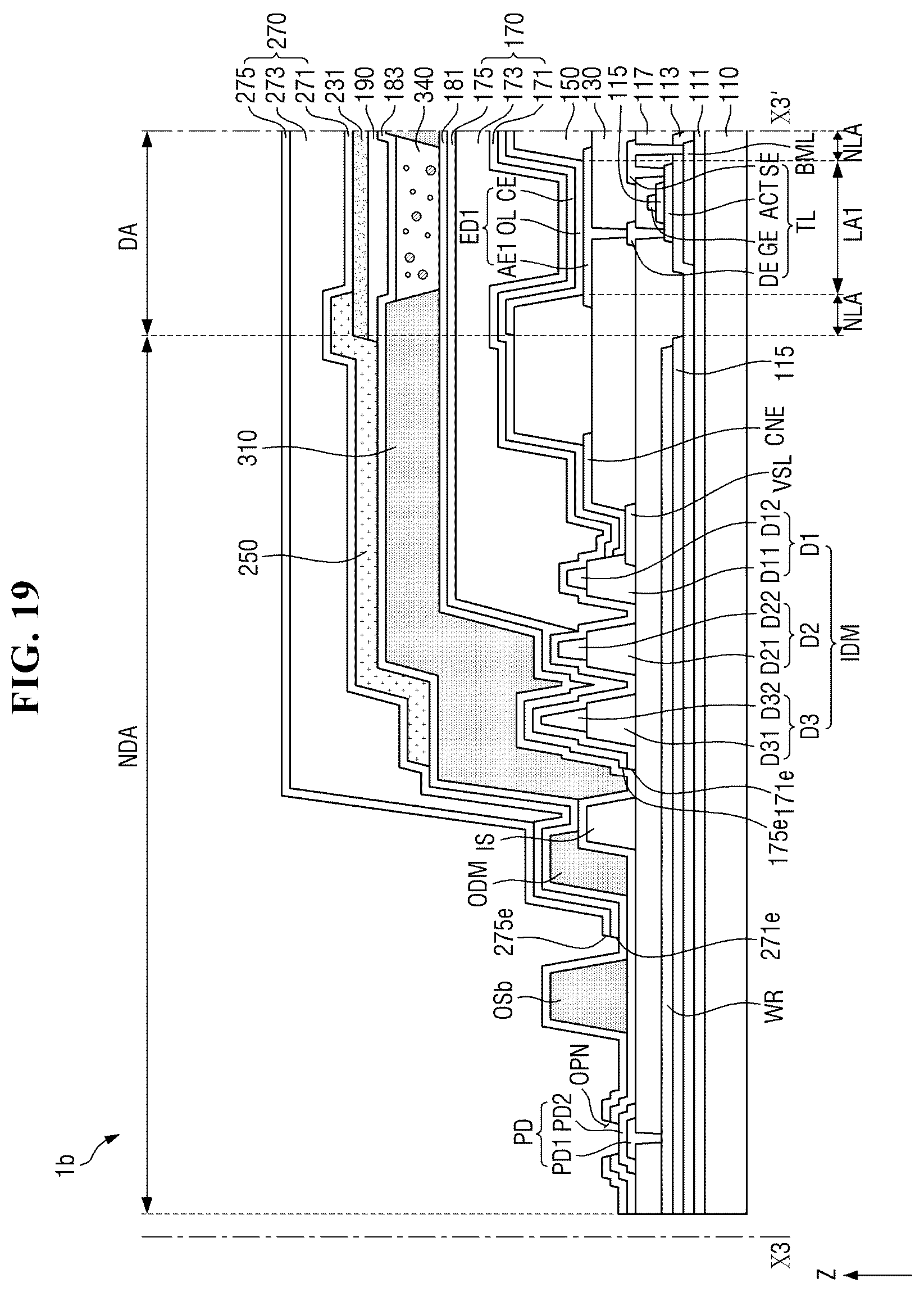 Patent US12610719 Figure 17 – Display device having encapsulation layer overlaying color filter and multiple dams
