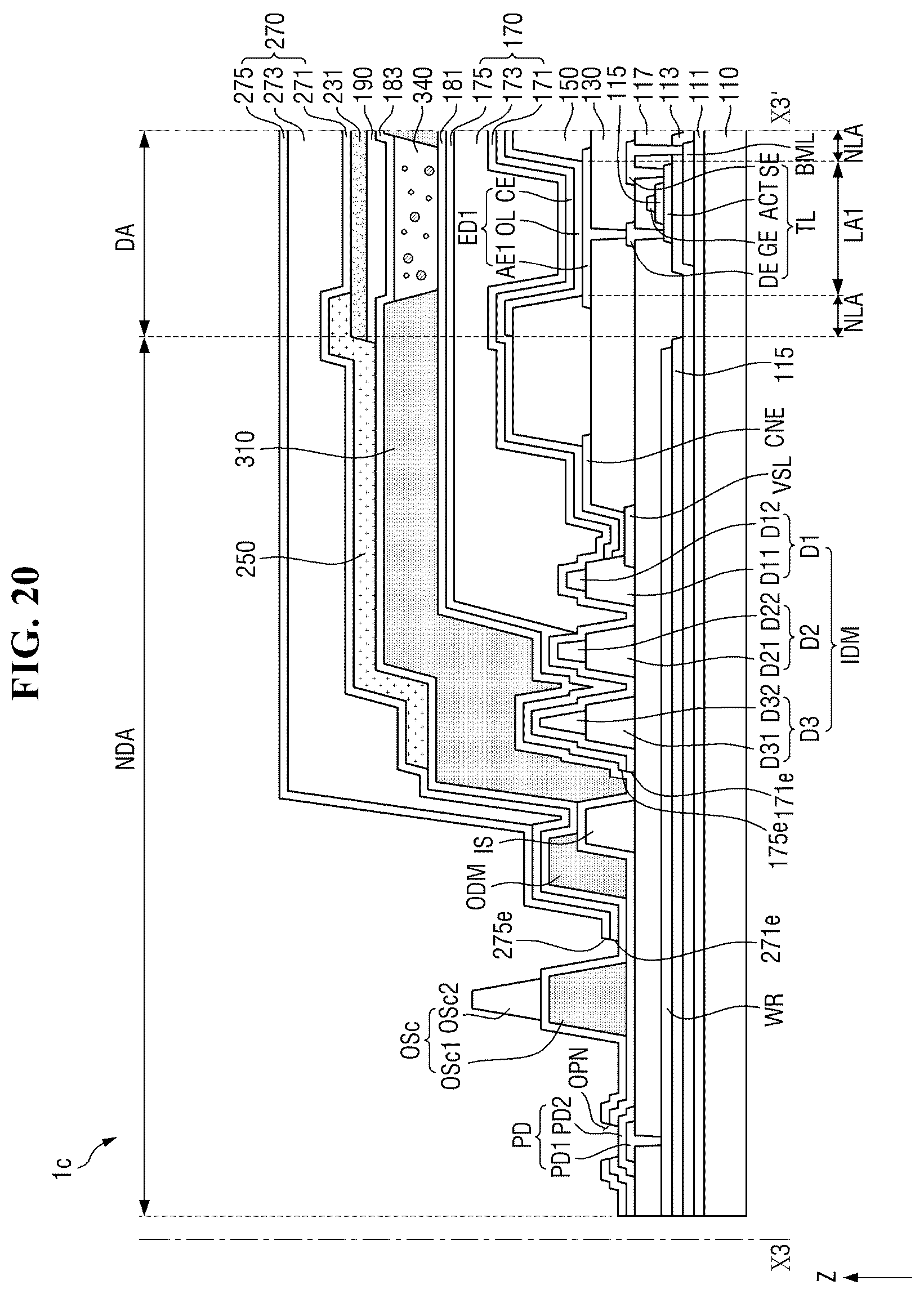 Patent US12610719 Figure 18 – Display device having encapsulation layer overlaying color filter and multiple dams