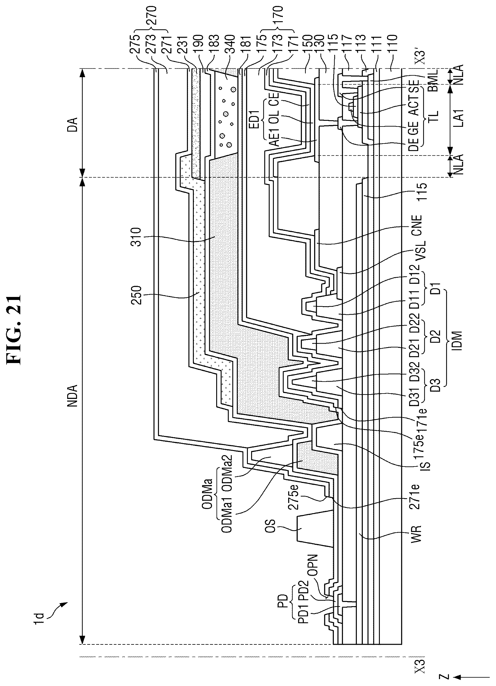 Patent US12610719 Figure 19 – Display device having encapsulation layer overlaying color filter and multiple dams
