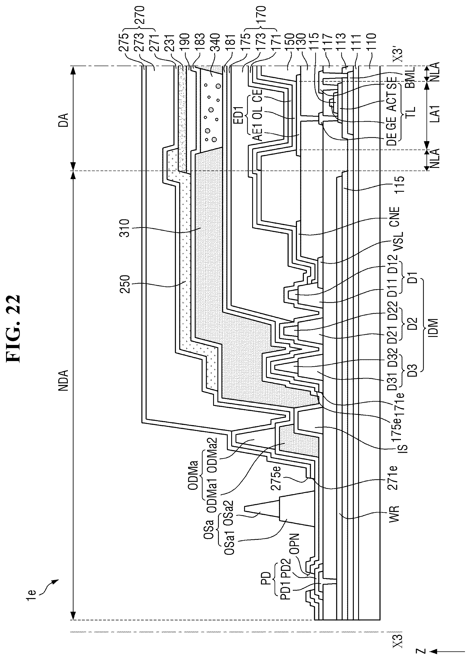 Patent US12610719 Figure 20 – Display device having encapsulation layer overlaying color filter and multiple dams