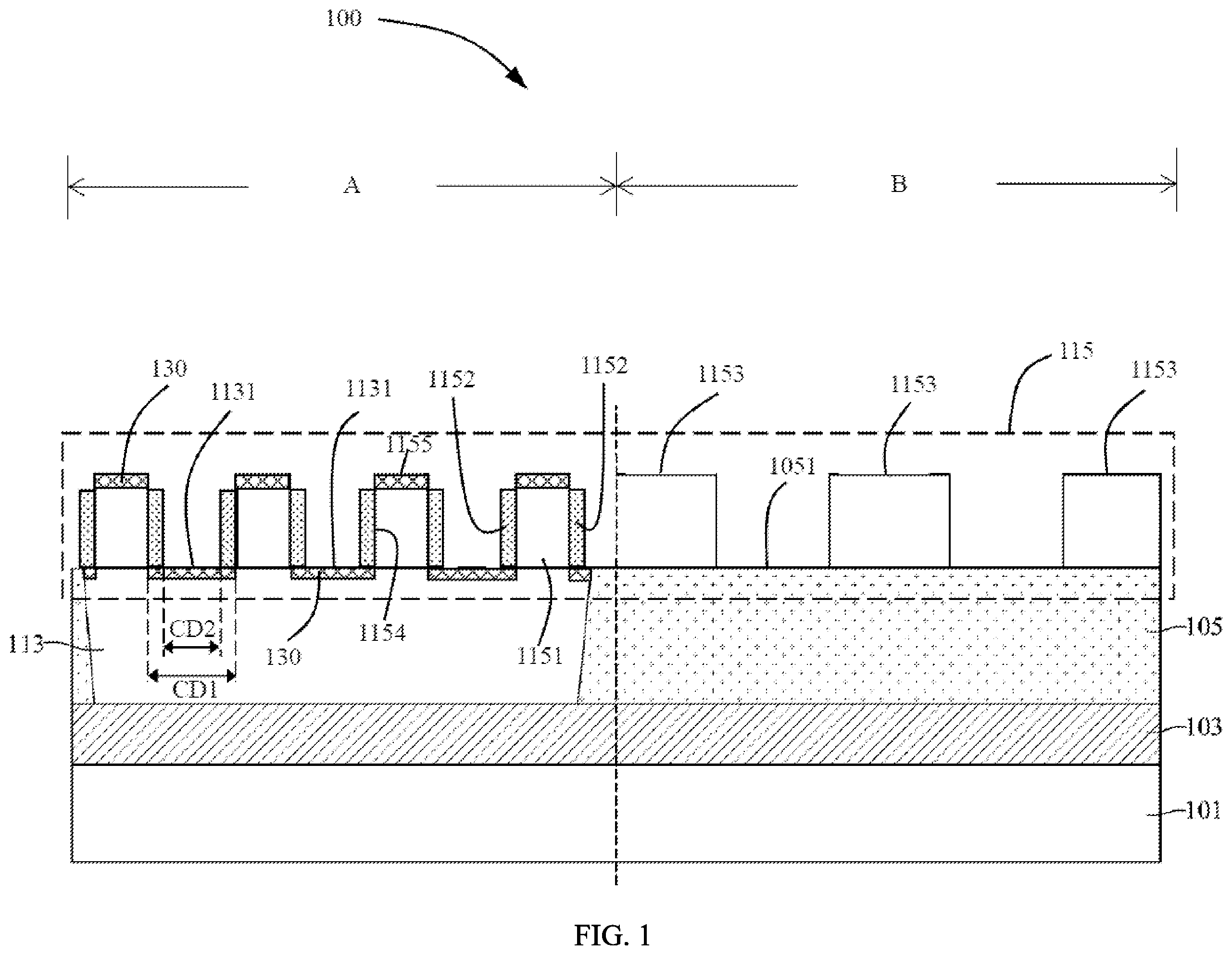 Patent US12610803 Figure 1 – Semiconductor device structure with reduced critical dimension and method for preparing the same