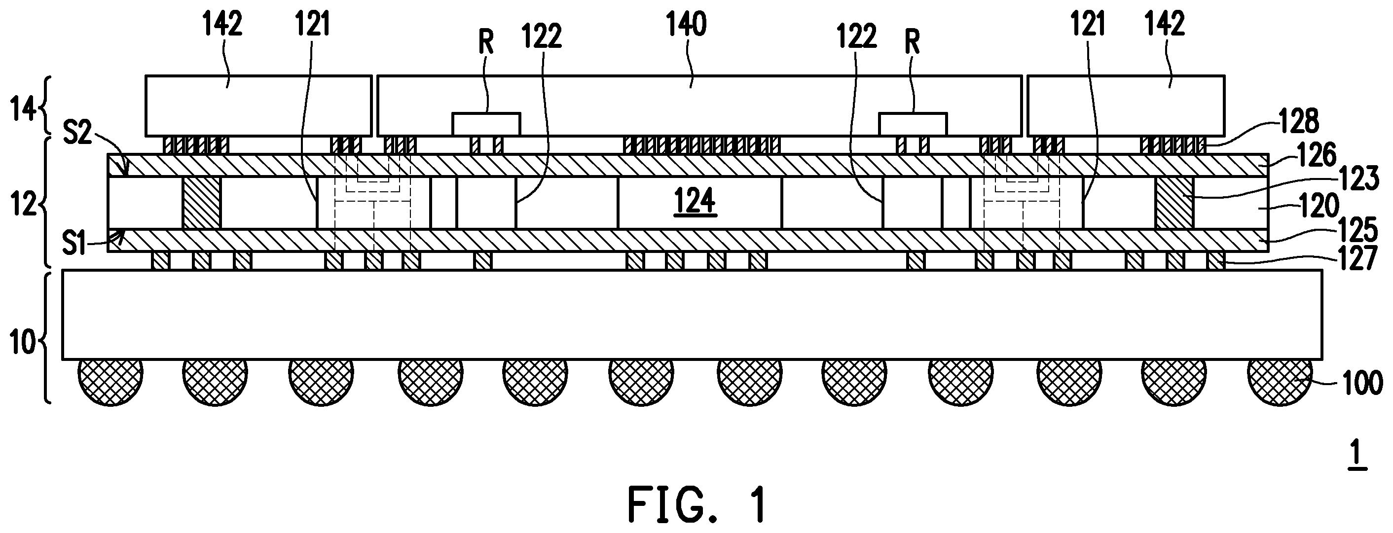 Patent US12610835 Figure 1 – Interposer substrate, package structure and manufacturing method of package structure