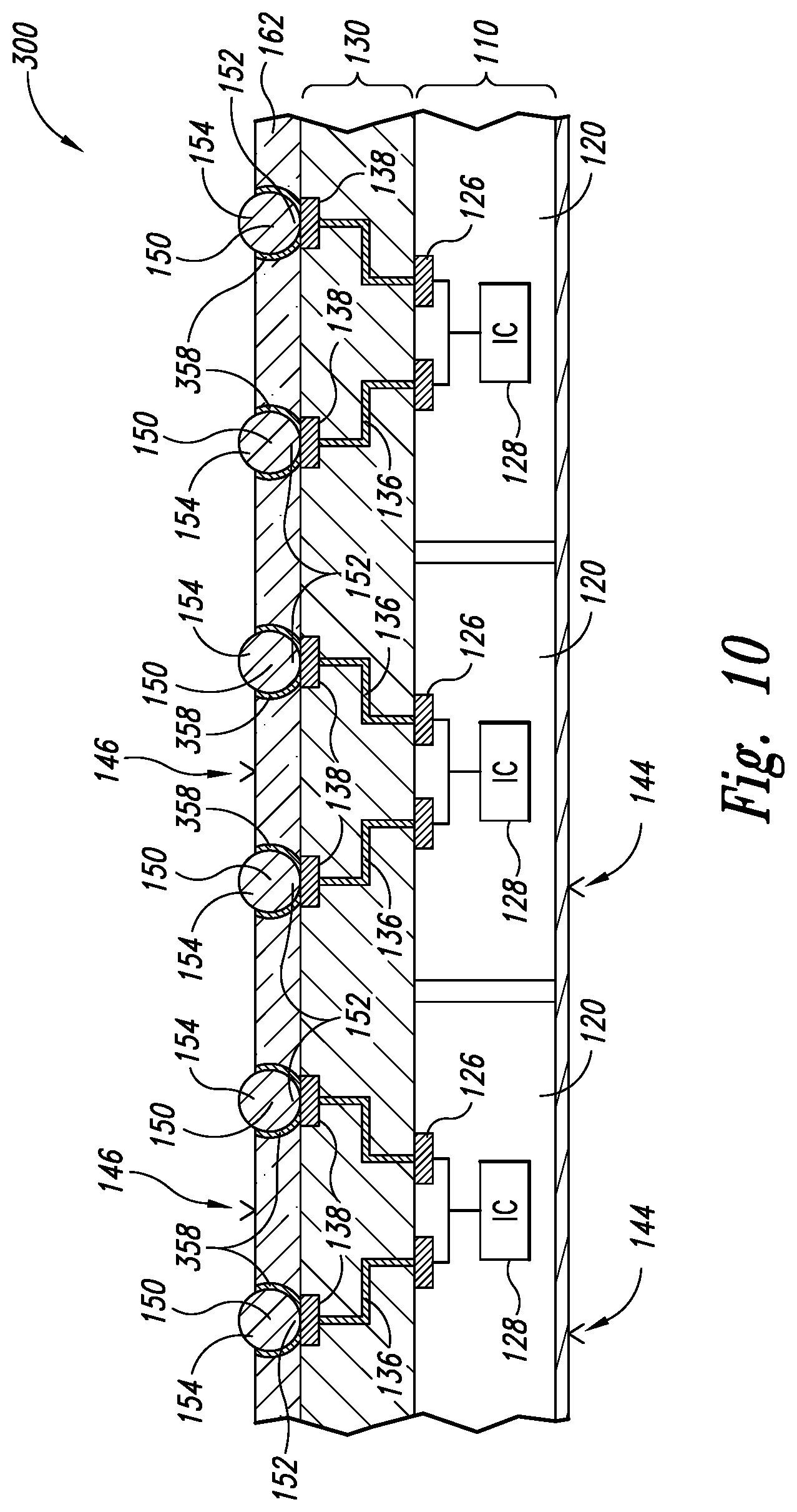 Patent US12610839 Figure 9 – Packaged microelectronic devices having stacked interconnect elements and methods for manufacturing the same