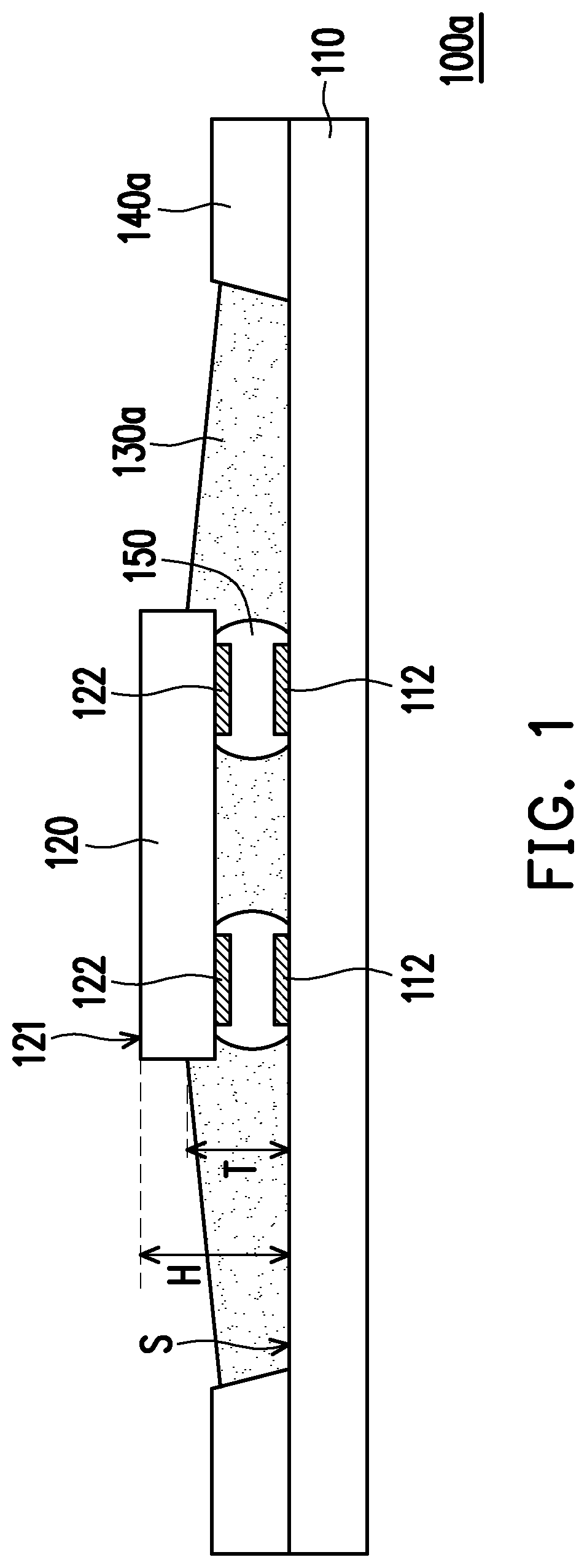 Patent US12610842 Figure 1 – Electronic device including an underfill layer and a protective structure adjacent to the underfill layer