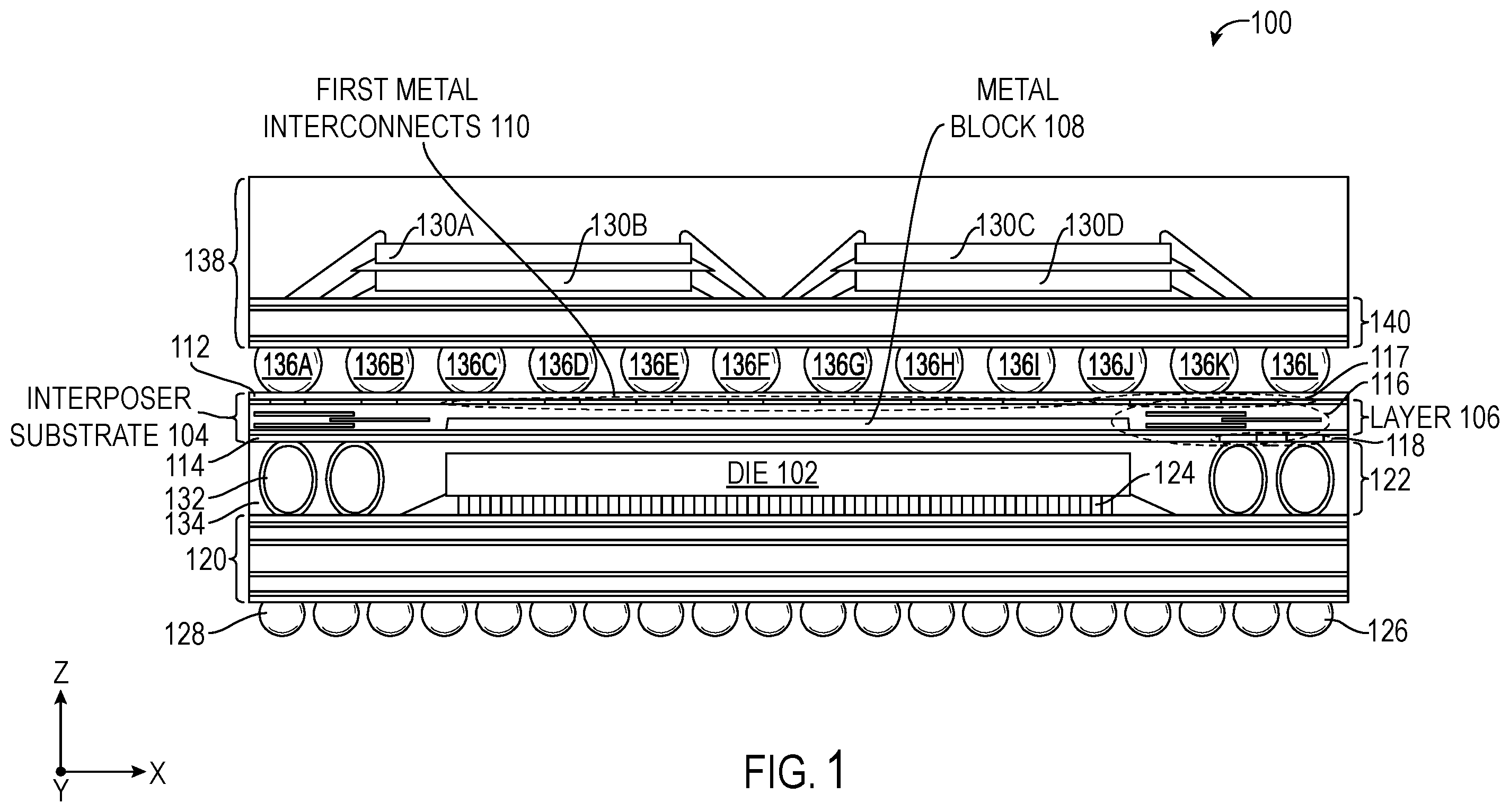 Patent US12610869 Figure 1 – Integrated circuit (IC) package employing a metal block with metal interconnects thermally coupling a die to an interposer substrate for dissipating thermal energy of the die, and related fabrication methods