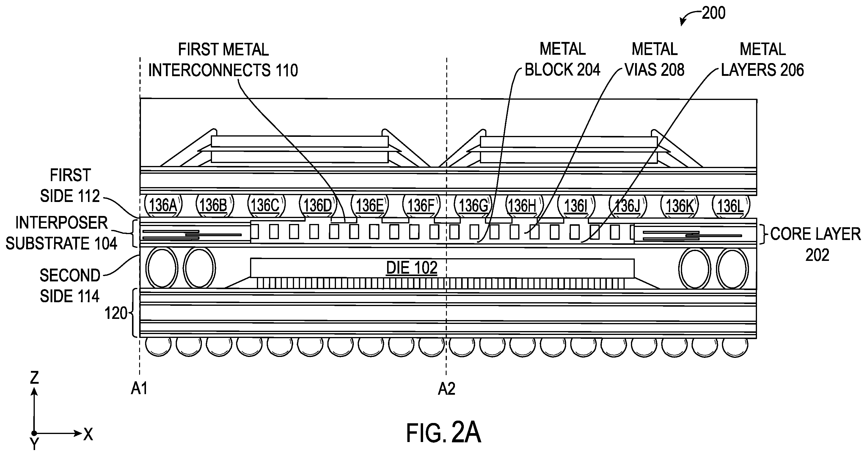 Patent US12610869 Figure 2 – Integrated circuit (IC) package employing a metal block with metal interconnects thermally coupling a die to an interposer substrate for dissipating thermal energy of the die, and related fabrication methods