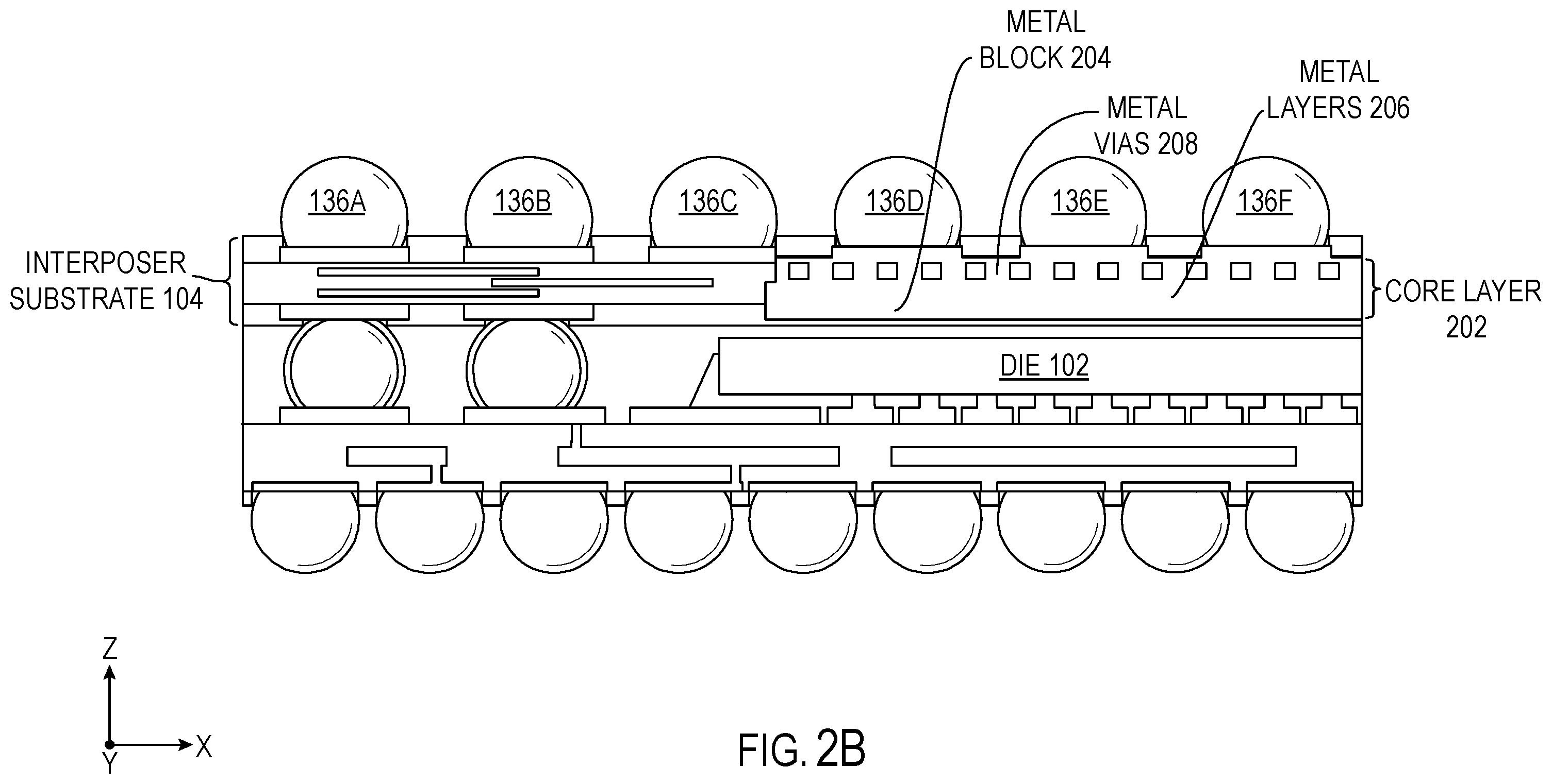 Patent US12610869 Figure 3 – Integrated circuit (IC) package employing a metal block with metal interconnects thermally coupling a die to an interposer substrate for dissipating thermal energy of the die, and related fabrication methods