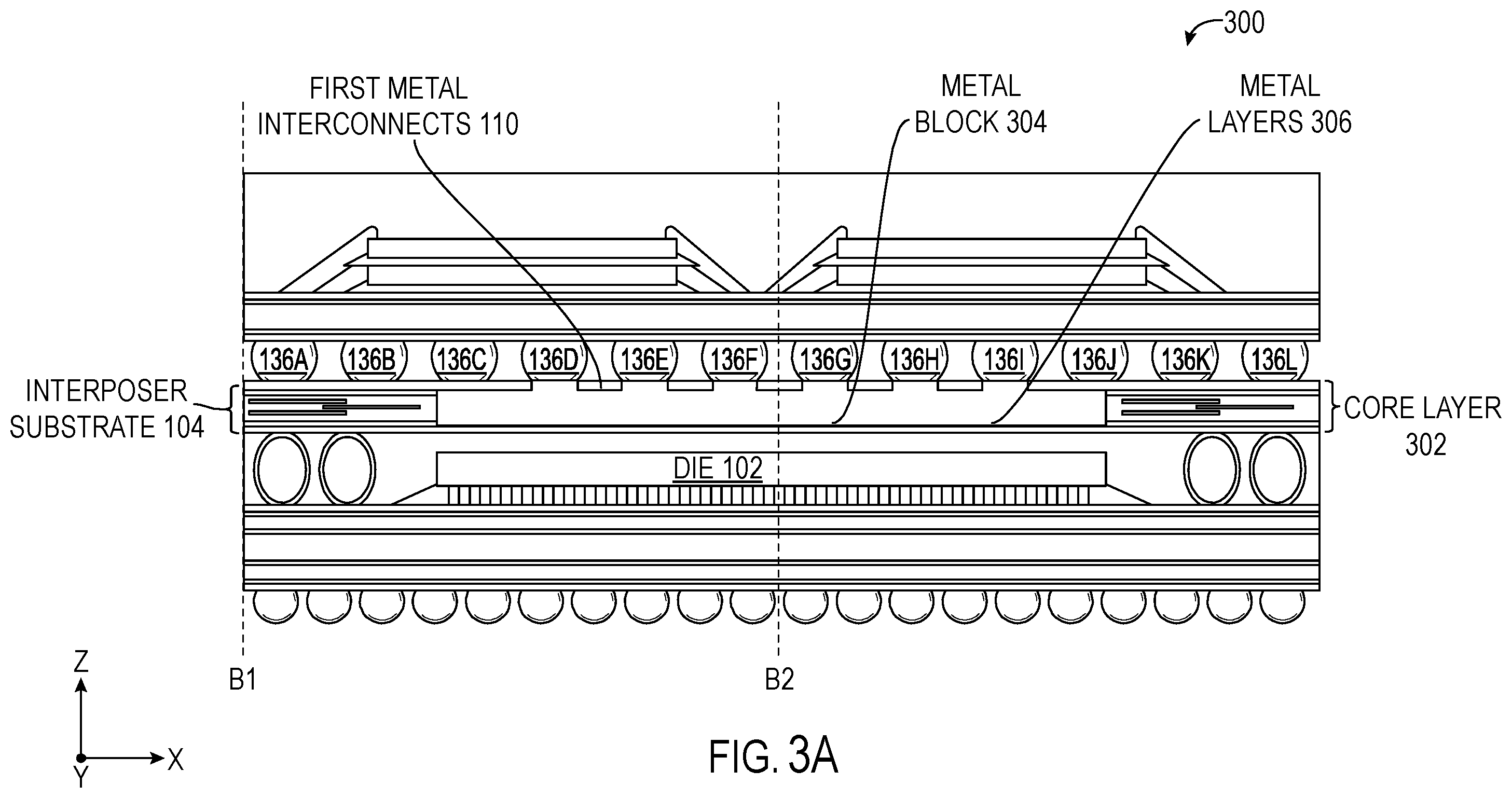 Patent US12610869 Figure 5 – Integrated circuit (IC) package employing a metal block with metal interconnects thermally coupling a die to an interposer substrate for dissipating thermal energy of the die, and related fabrication methods