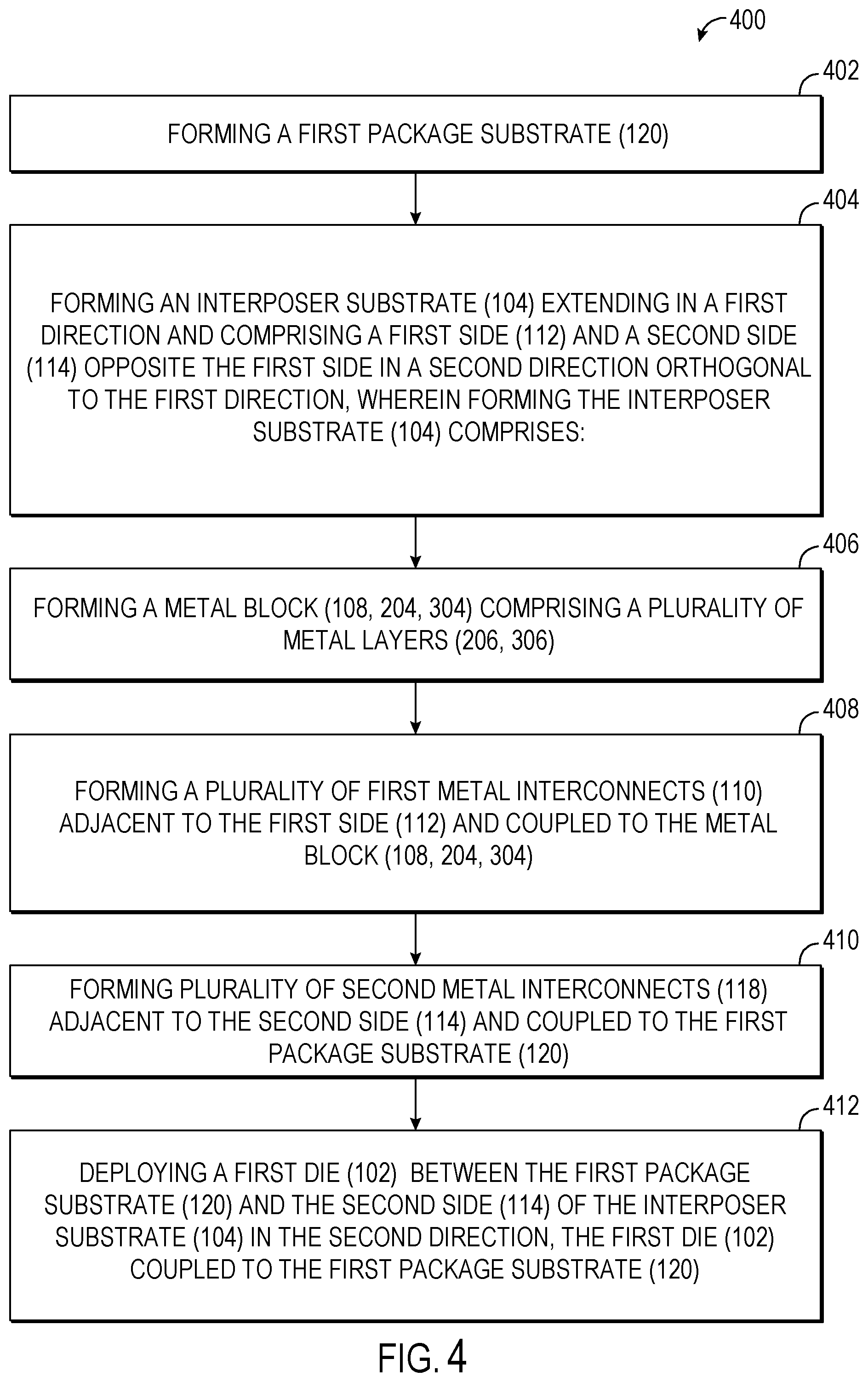 Patent US12610869 Figure 8 – Integrated circuit (IC) package employing a metal block with metal interconnects thermally coupling a die to an interposer substrate for dissipating thermal energy of the die, and related fabrication methods