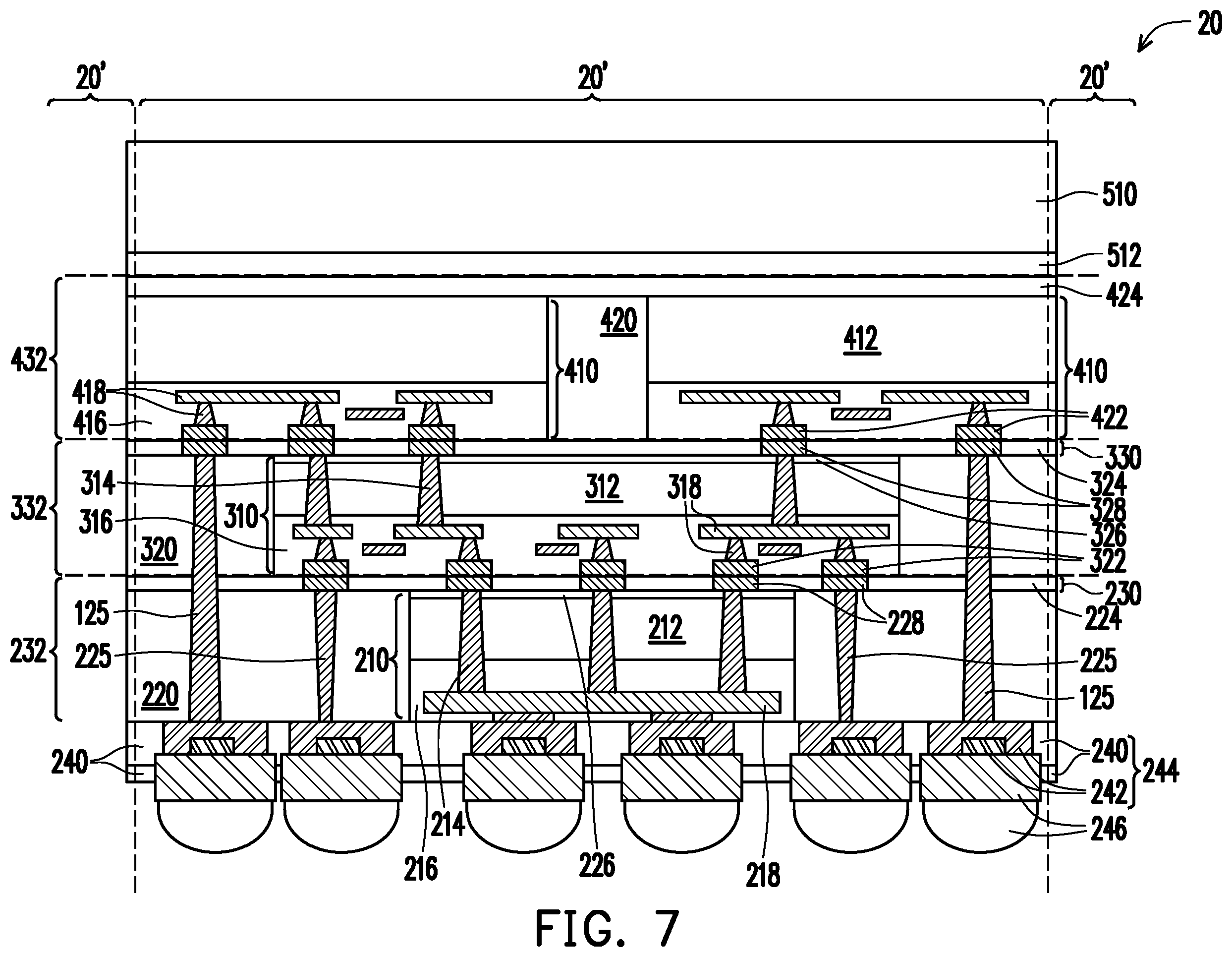 Patent US12610871 Figure 7 – Through-dielectric vias for direct connection and method forming same
