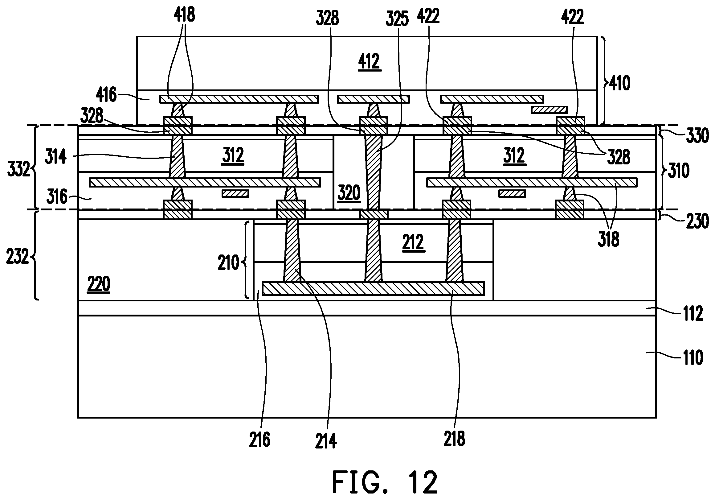 Patent US12610871 Figure 12 – Through-dielectric vias for direct connection and method forming same