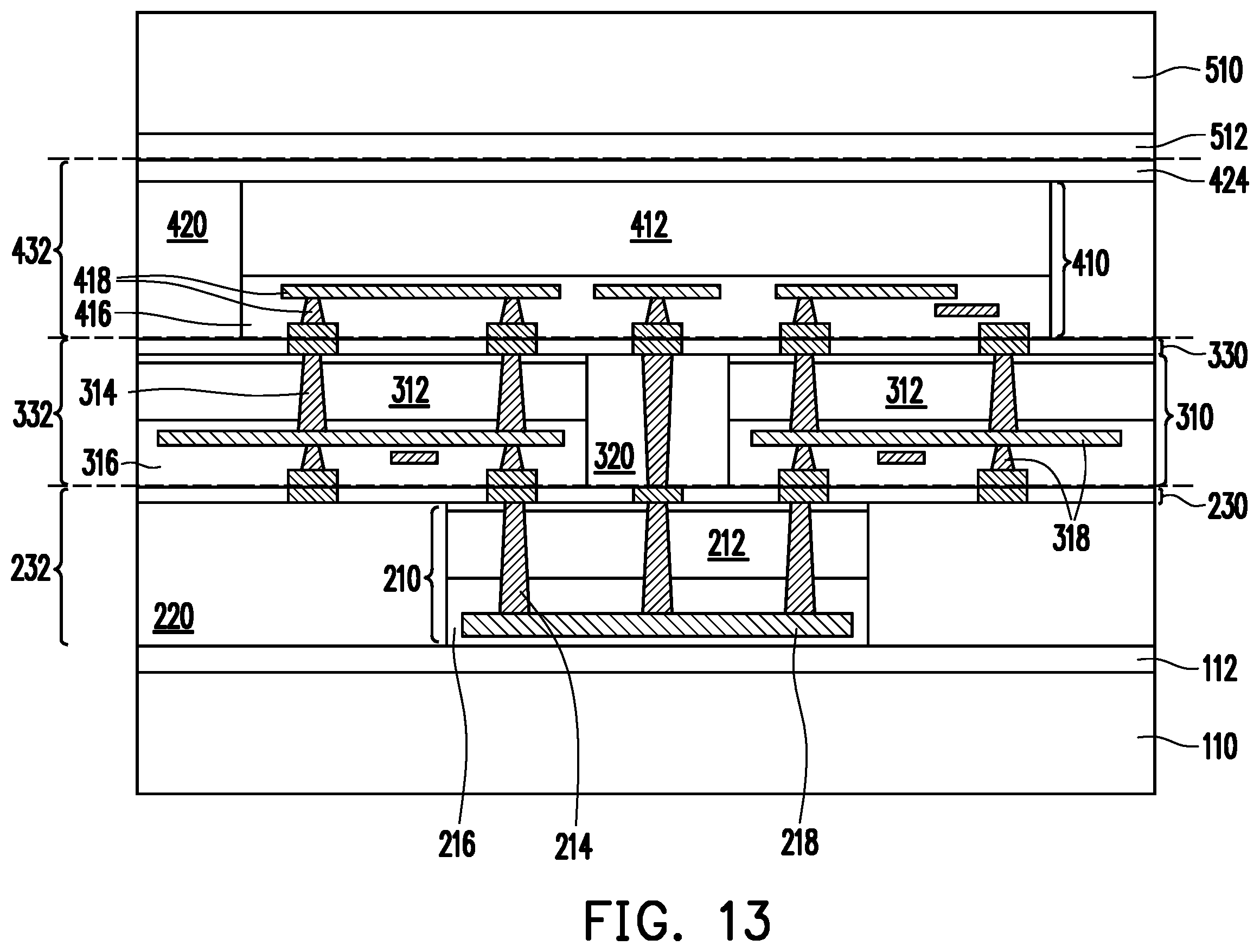 Patent US12610871 Figure 13 – Through-dielectric vias for direct connection and method forming same