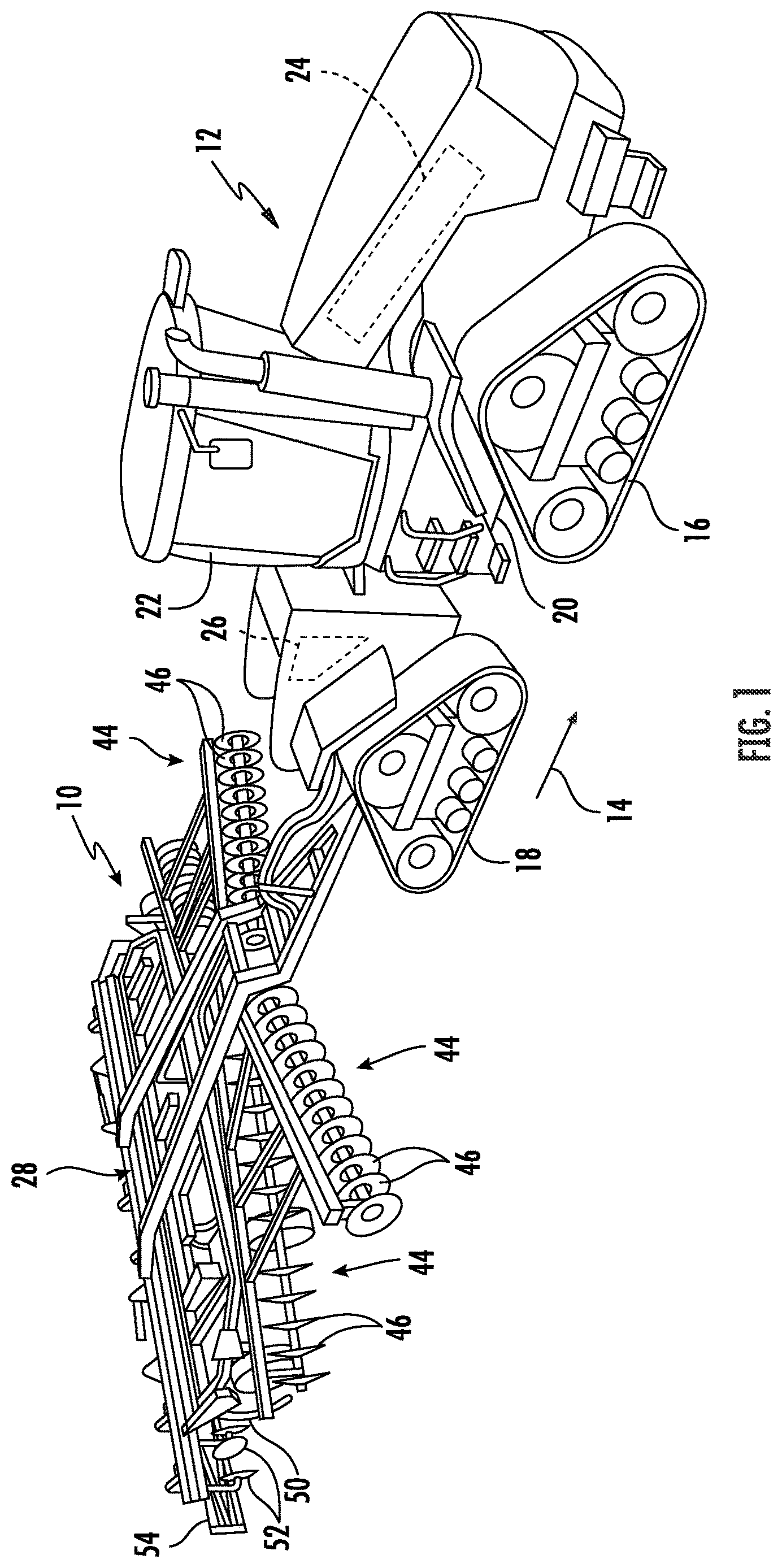 Patent US12610877 Figure 1 – Agricultural system and method for determining a trip magnitude of a ground engaging tool of an agricultural implement