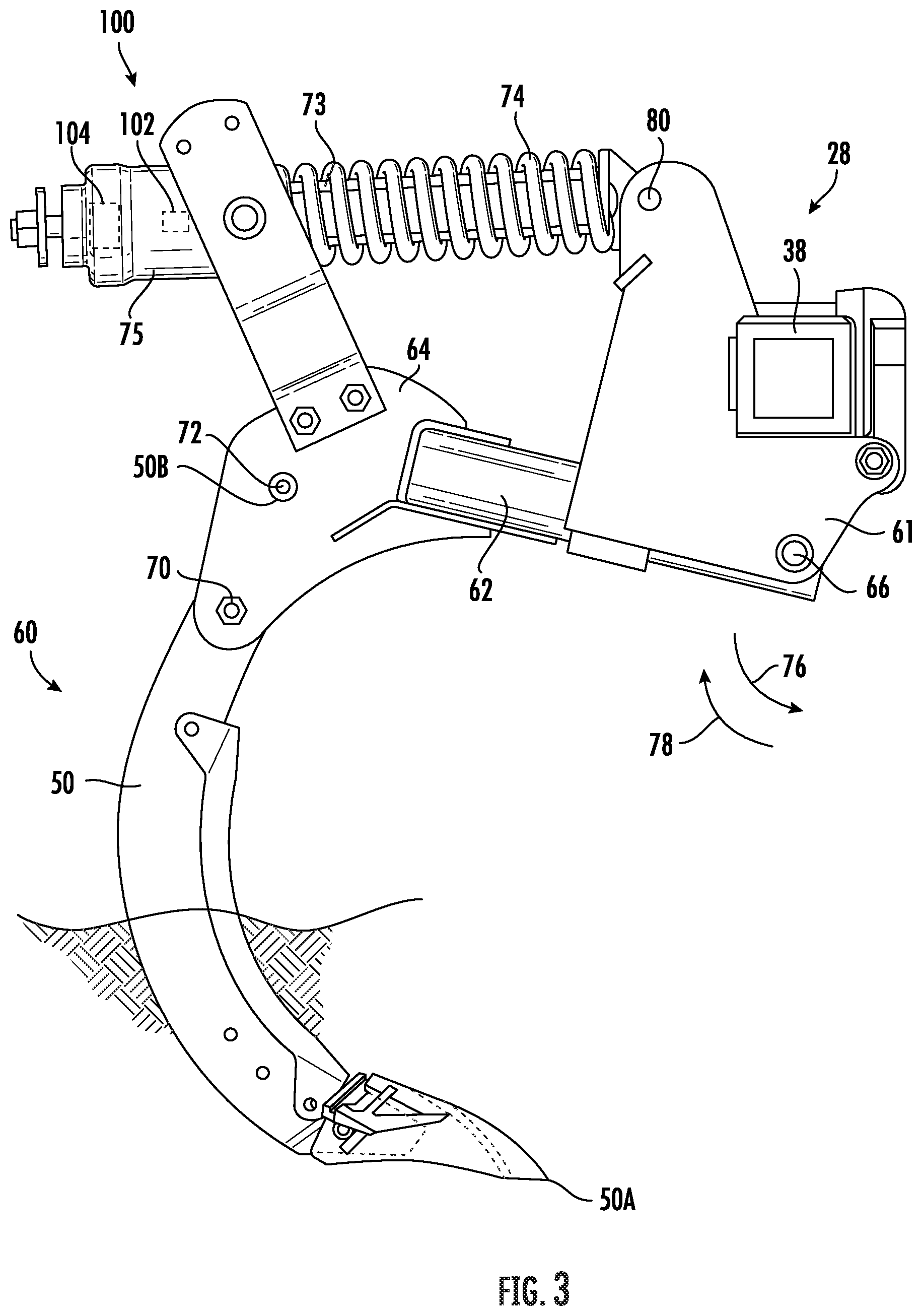 Patent US12610877 Figure 3 – Agricultural system and method for determining a trip magnitude of a ground engaging tool of an agricultural implement