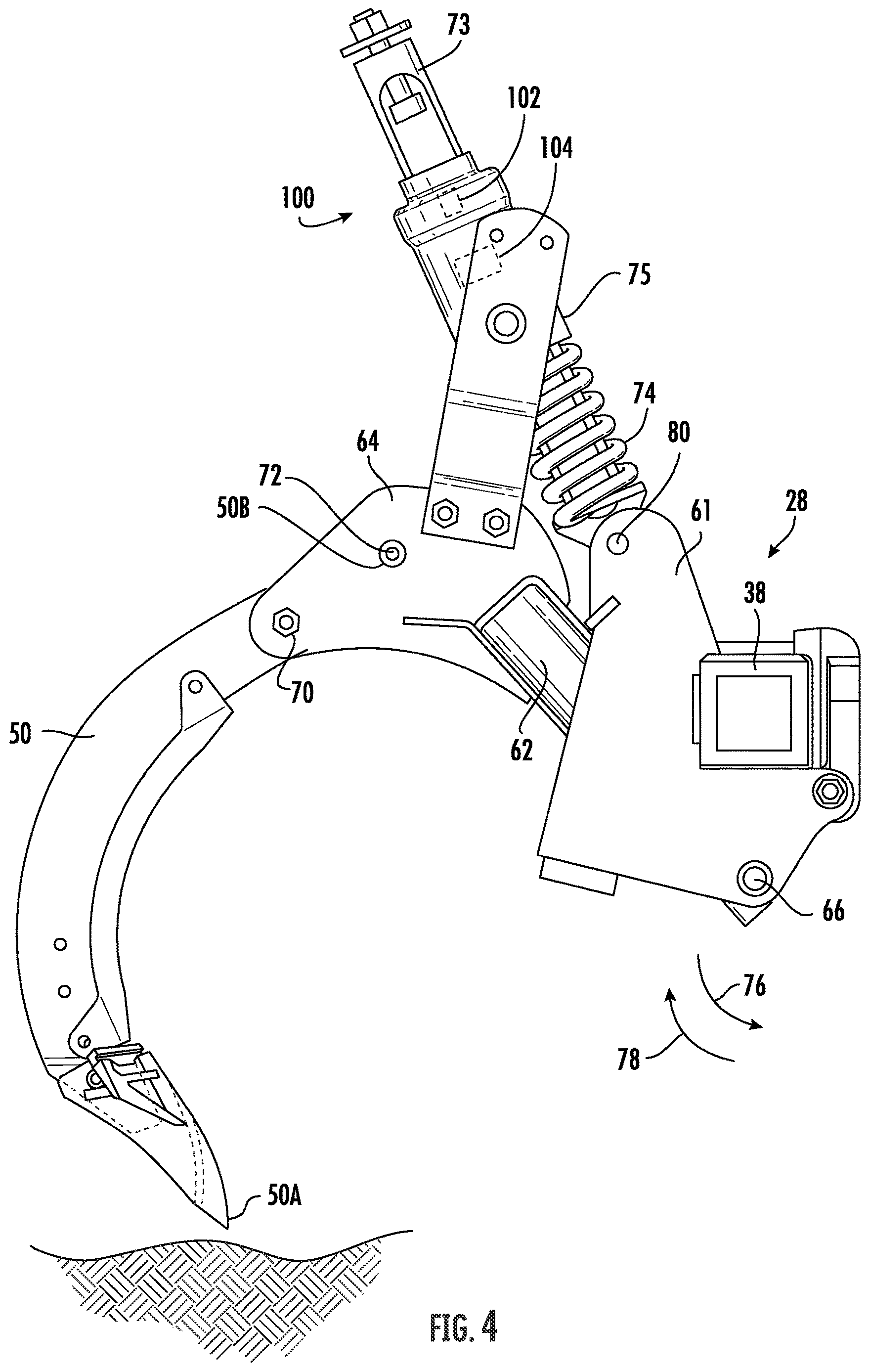 Patent US12610877 Figure 4 – Agricultural system and method for determining a trip magnitude of a ground engaging tool of an agricultural implement