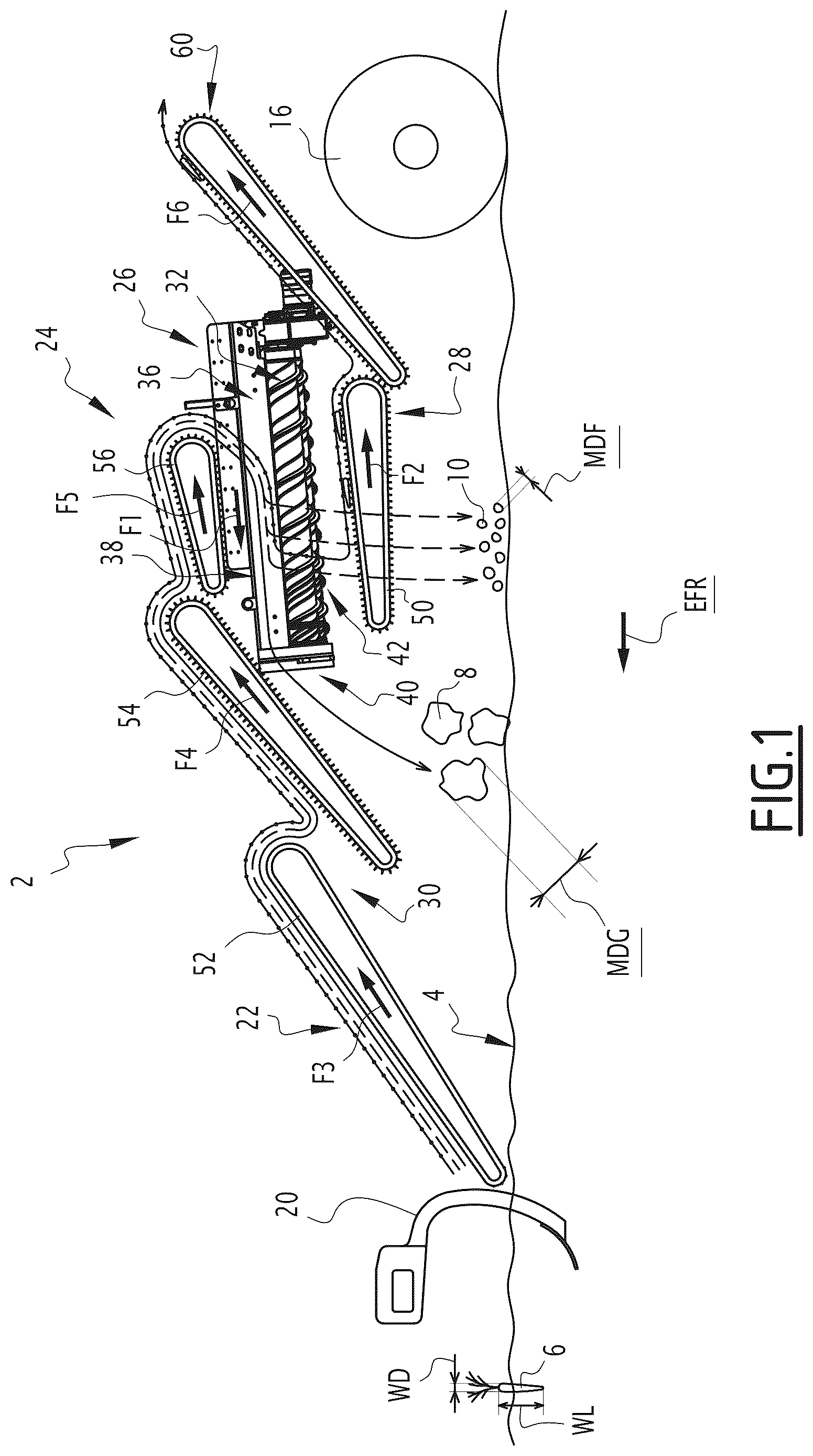 Patent US12610881 Figure 1 – Apparatus for cleaning narrow root crops, a corresponding cleaning apparatus, a harvesting and cleaning machine and a method